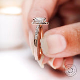14k Rose Gold Heart Shaped Halo Moissanite Ring In Hand