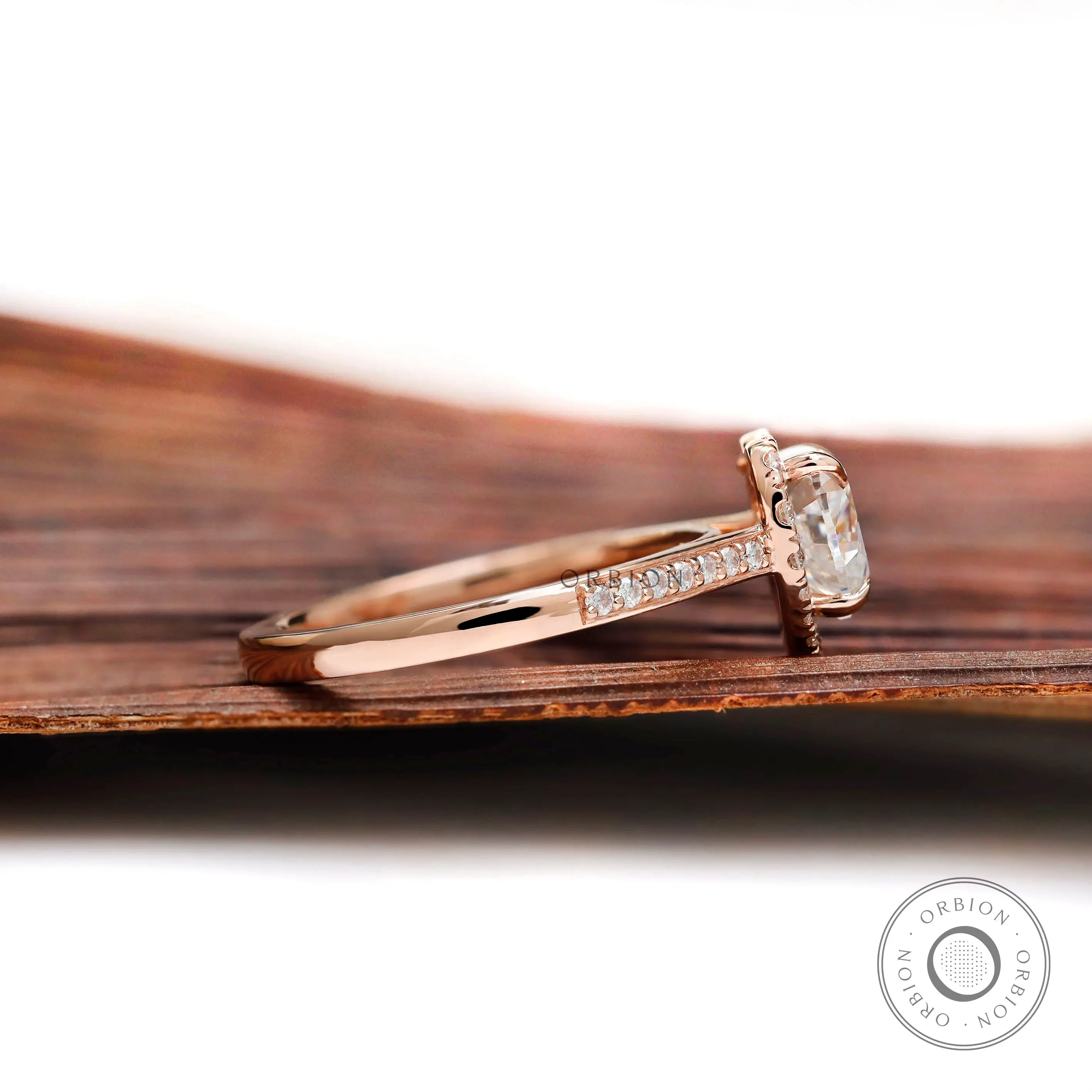 14k Rose Gold Heart Shaped Halo Moissanite Ring Angle View