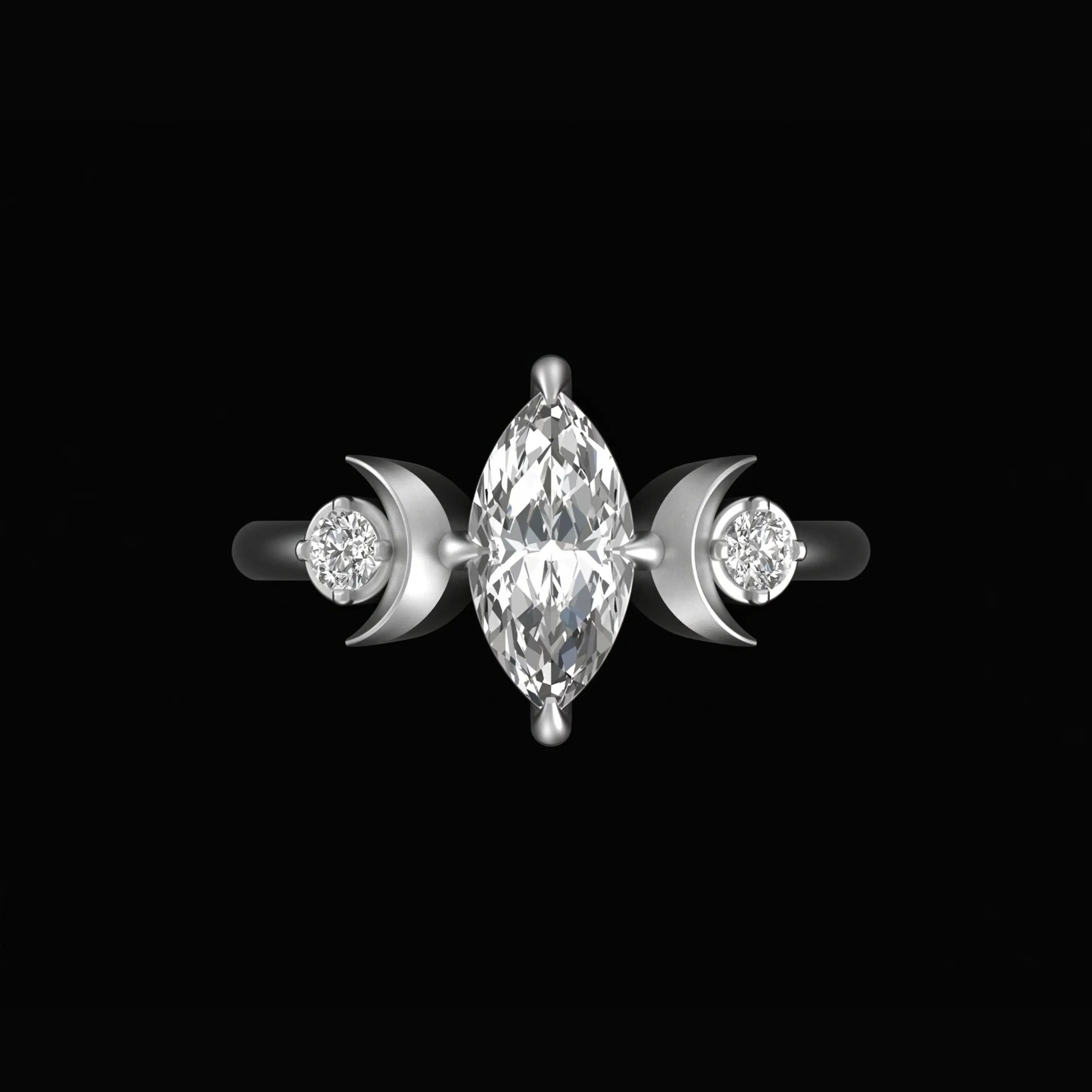 Top view marquise center with crescent moons and round side stones