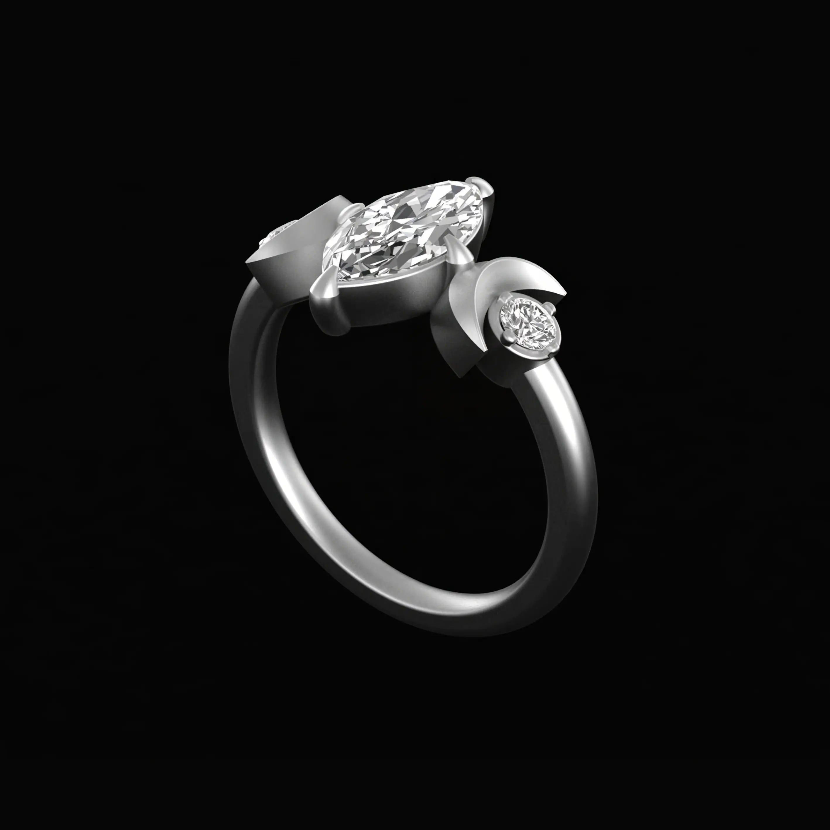 Angled view three quarter view marquise ring with crescent moon bezels