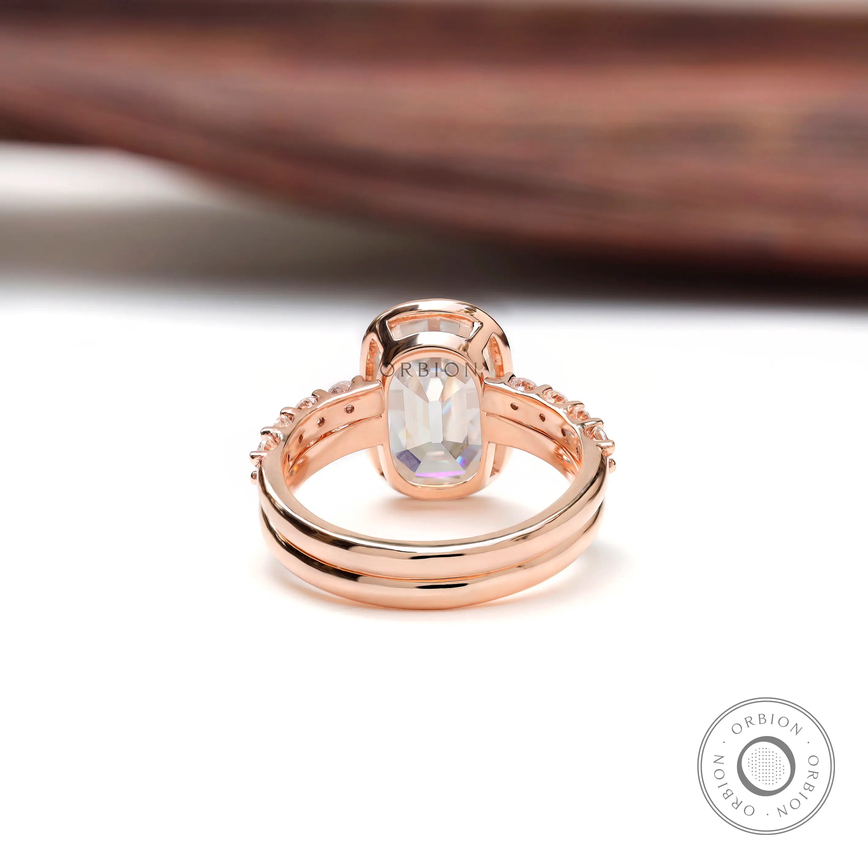 Under-gallery view of elongated cushion moissanite ring setting