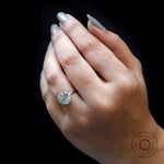 On hand view round moissanite hidden halo solitaire ring