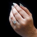 On hand view round moissanite hidden halo solitaire ring