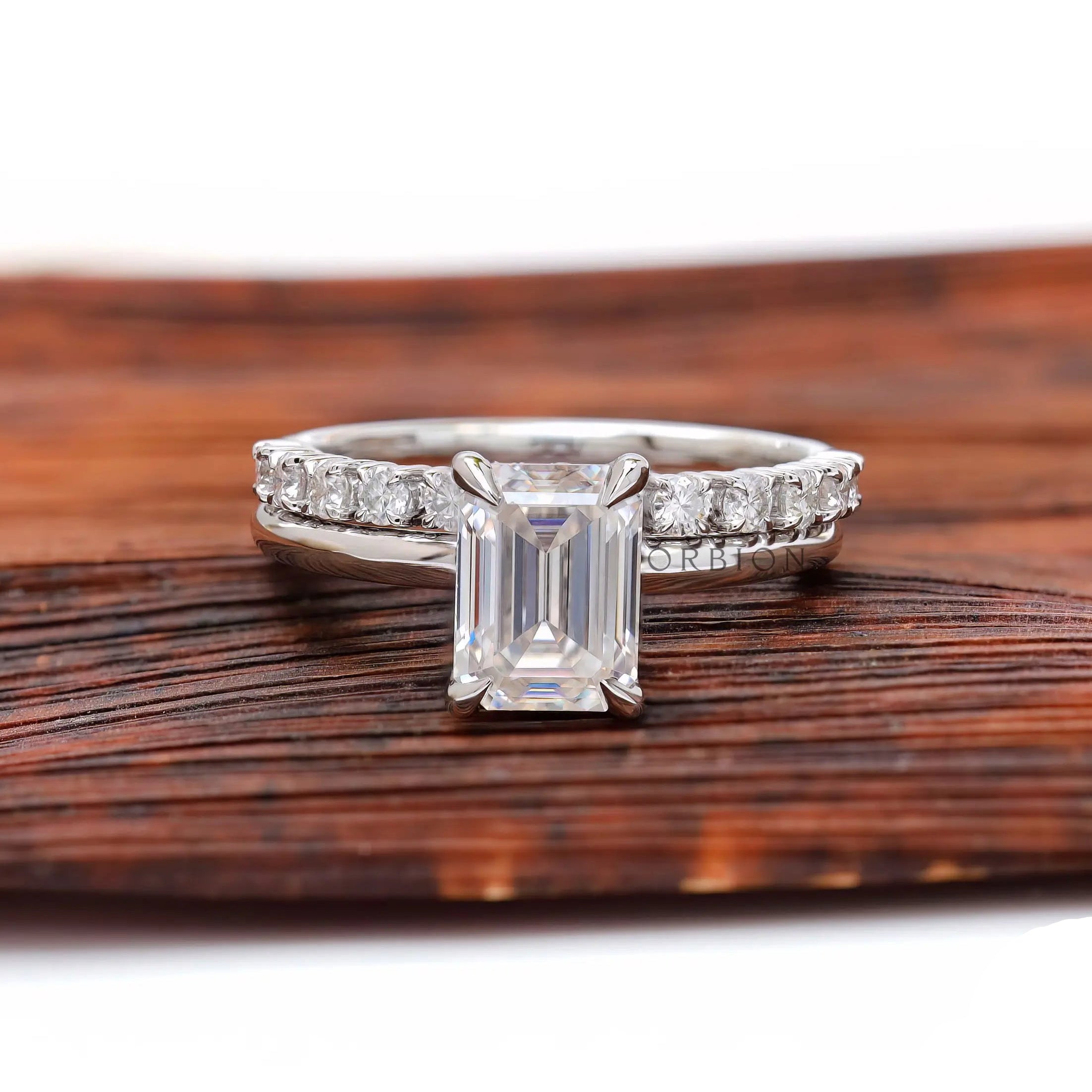 Emerald cut moissanite hidden halo ring top view