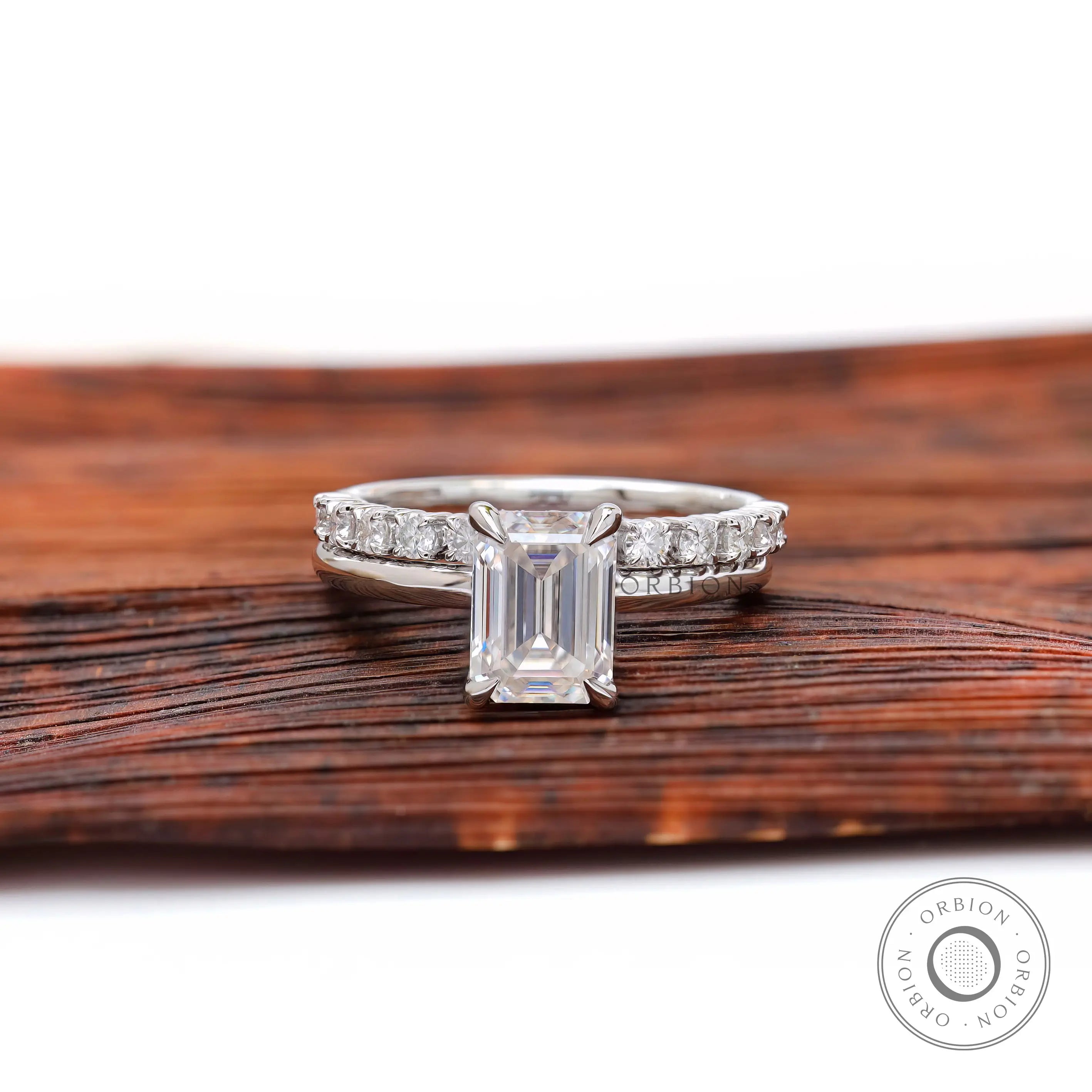 Emerald cut moissanite hidden halo ring top view
