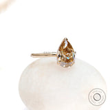 Angled front view of pear hidden halo engagement ring