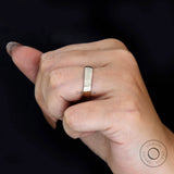 Top view of classic 5mm plain yellow gold wedding band worn on finger.