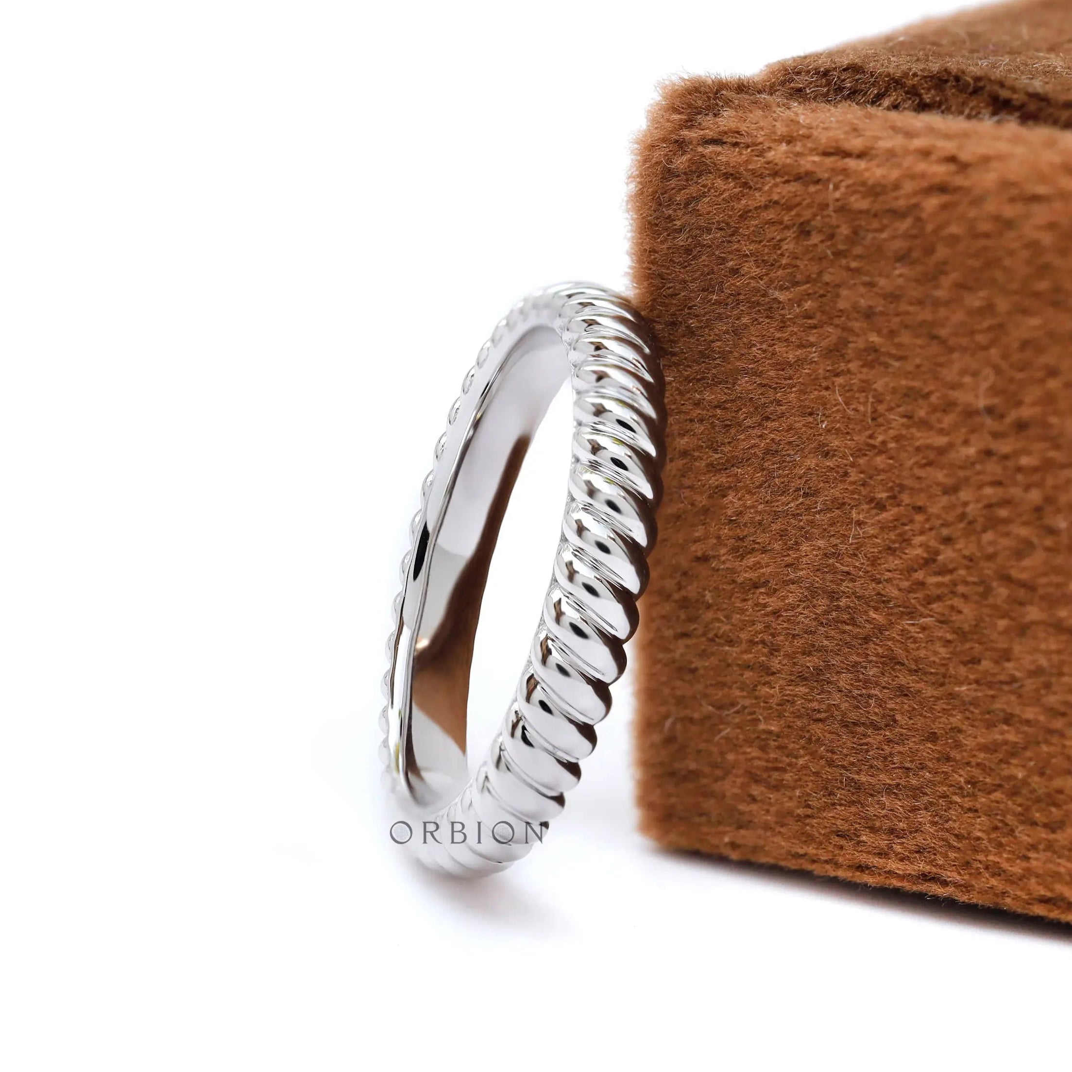 Solid 14K white gold rope stacking ring