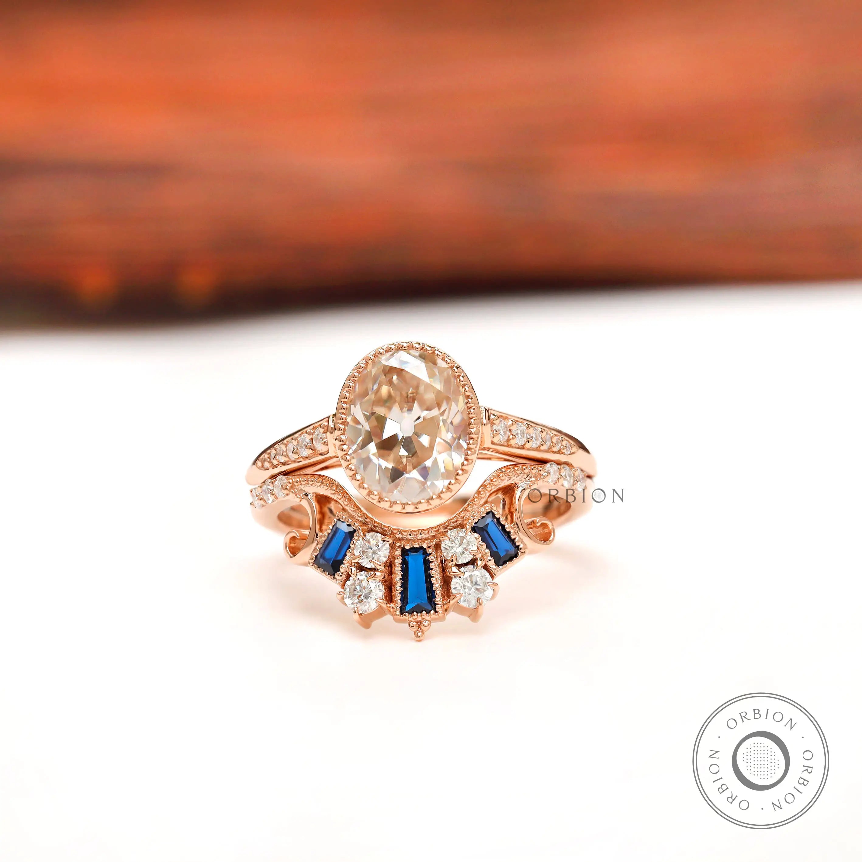 Oval champagne moissanite vintage ring set in 18k rose gold