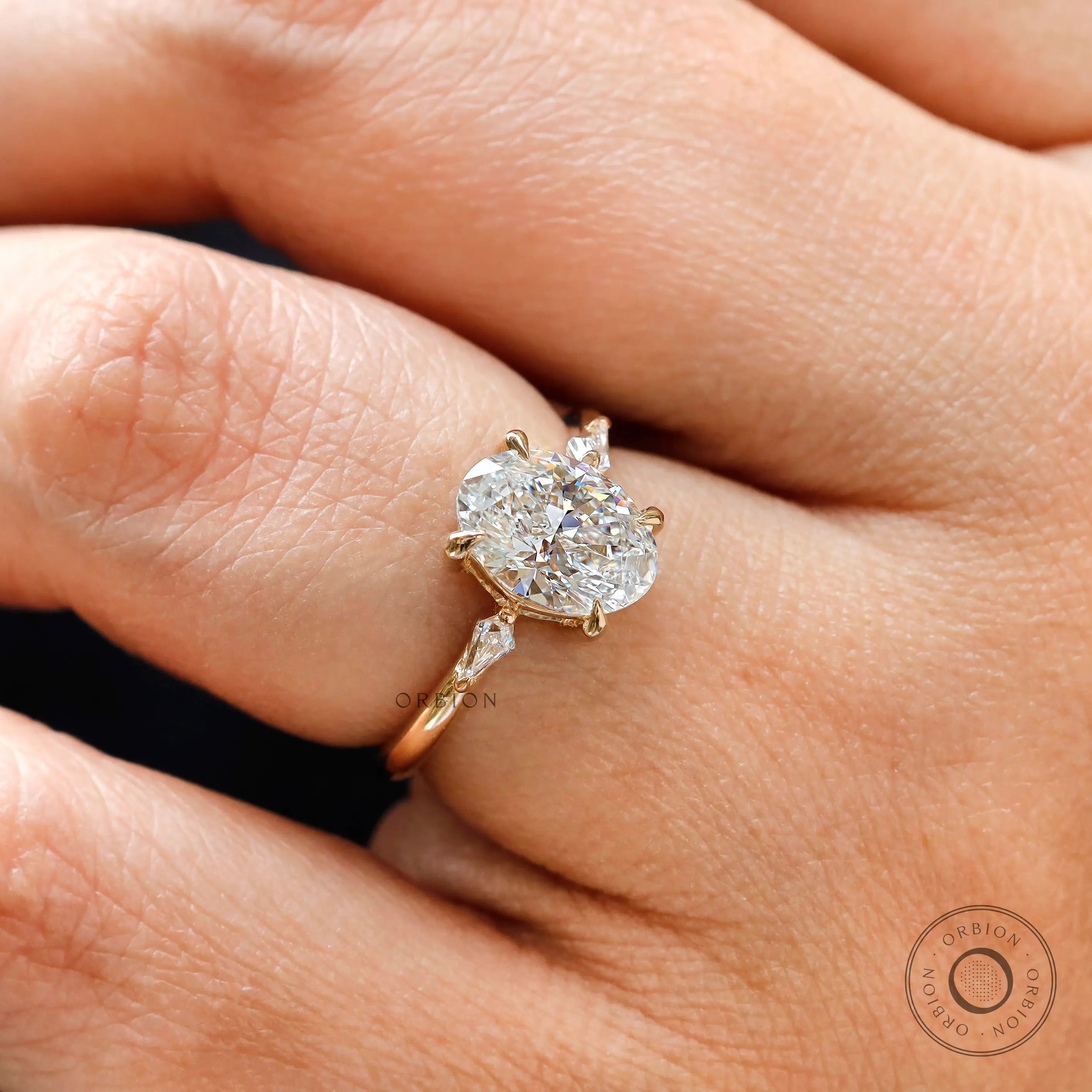 3 stone oval lab diamond ring in 14k yellow gold