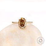 Oval dark champagne moissanite solitaire ring in 18K yellow gold top view