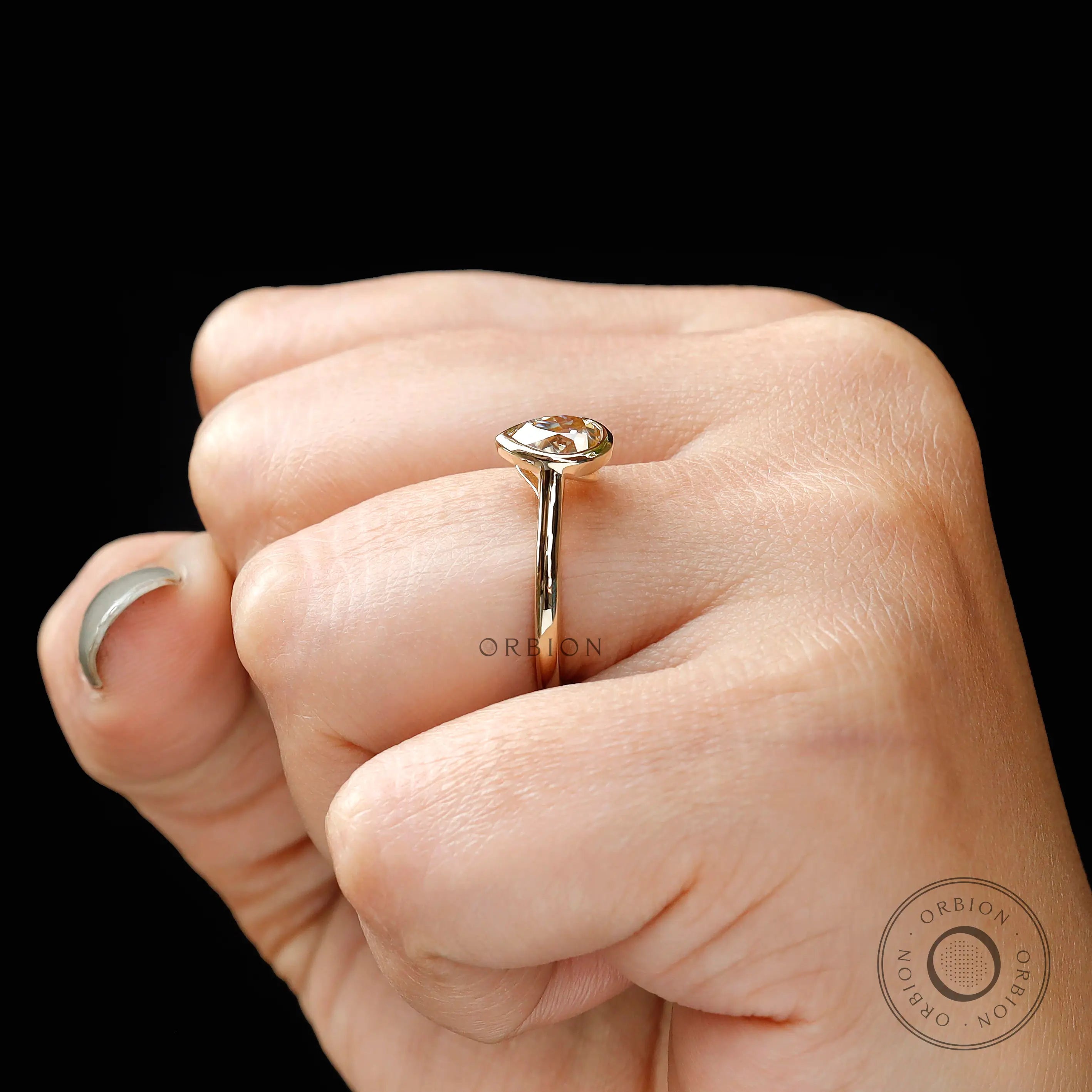 Pear Old Mine Cut moissanite ring high polish finish