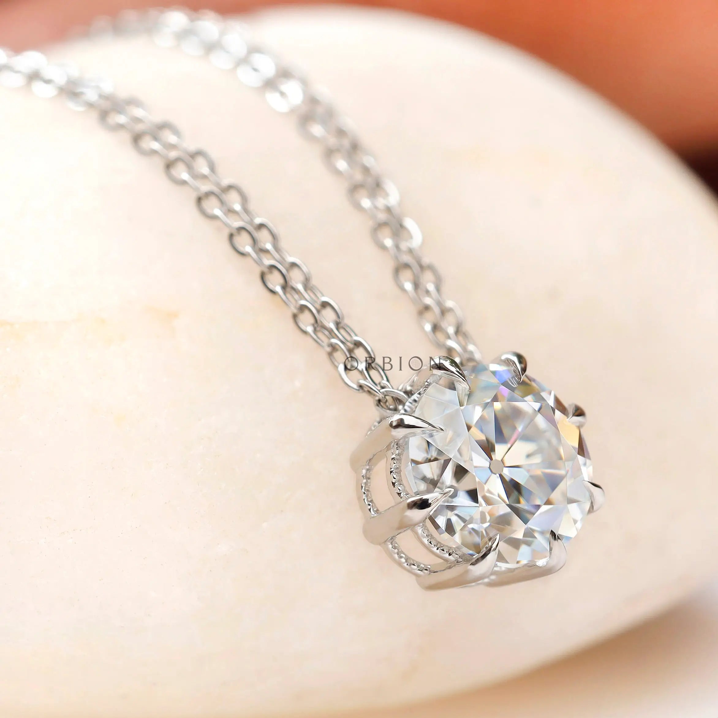 Round lab diamond pendant with glossy white gold finish