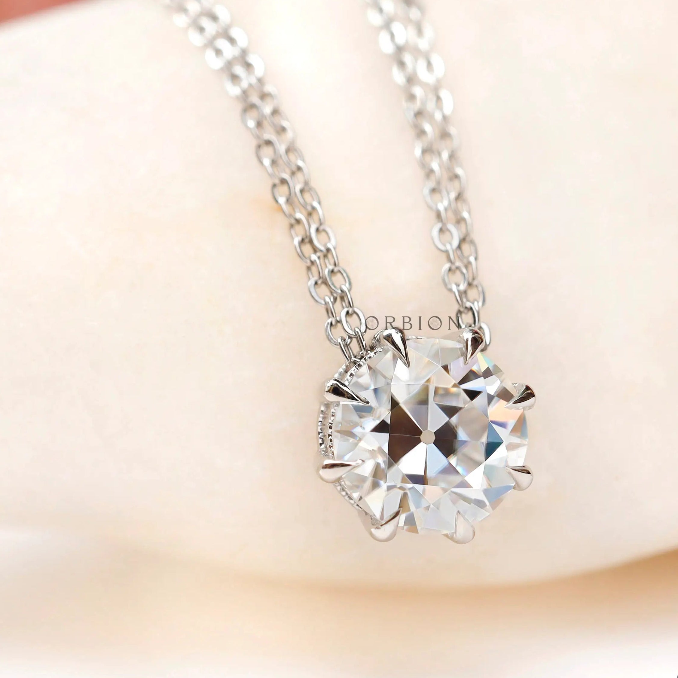 Vintage inspired old european cut pendant in white gold prong setting