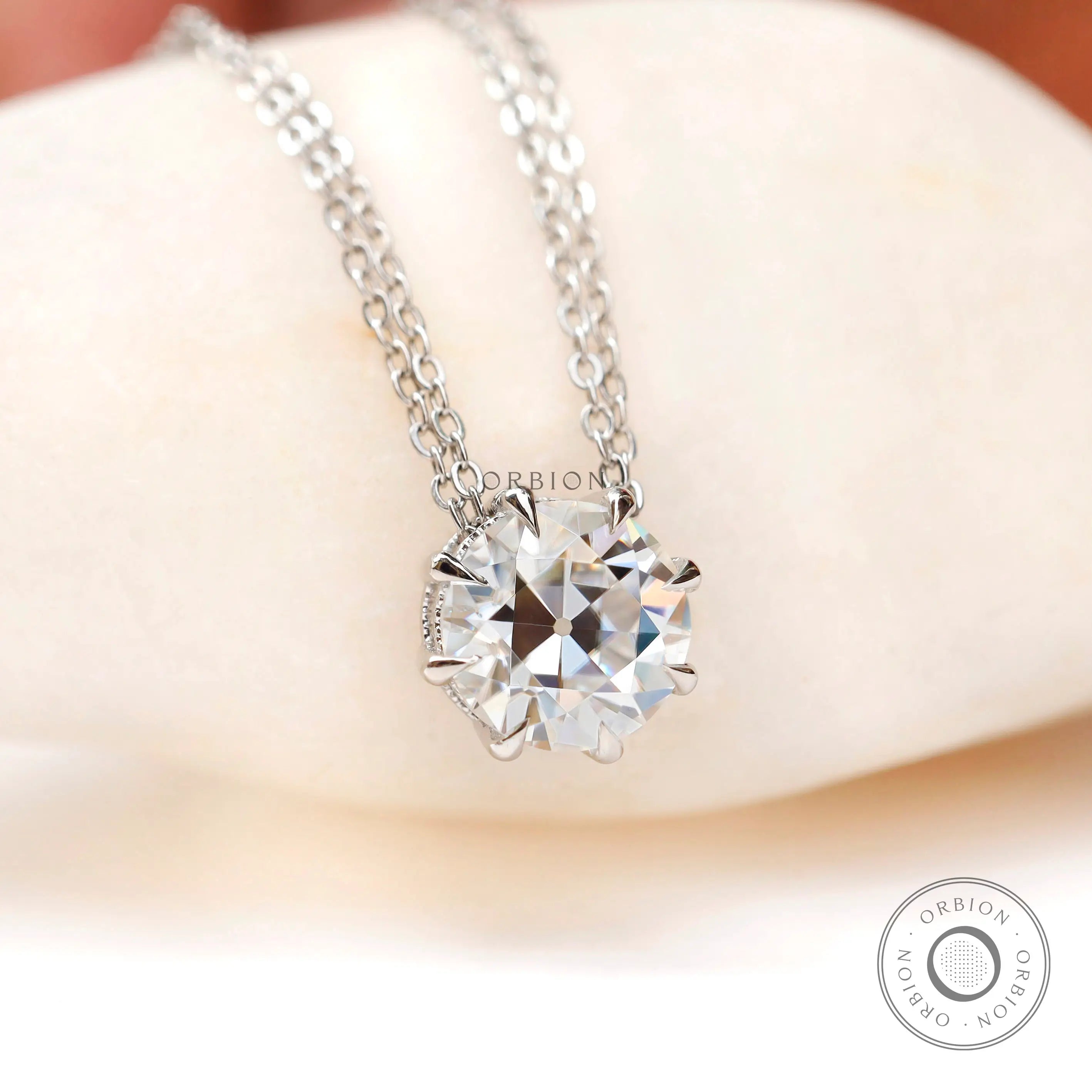 Vintage inspired old european cut pendant in white gold prong setting