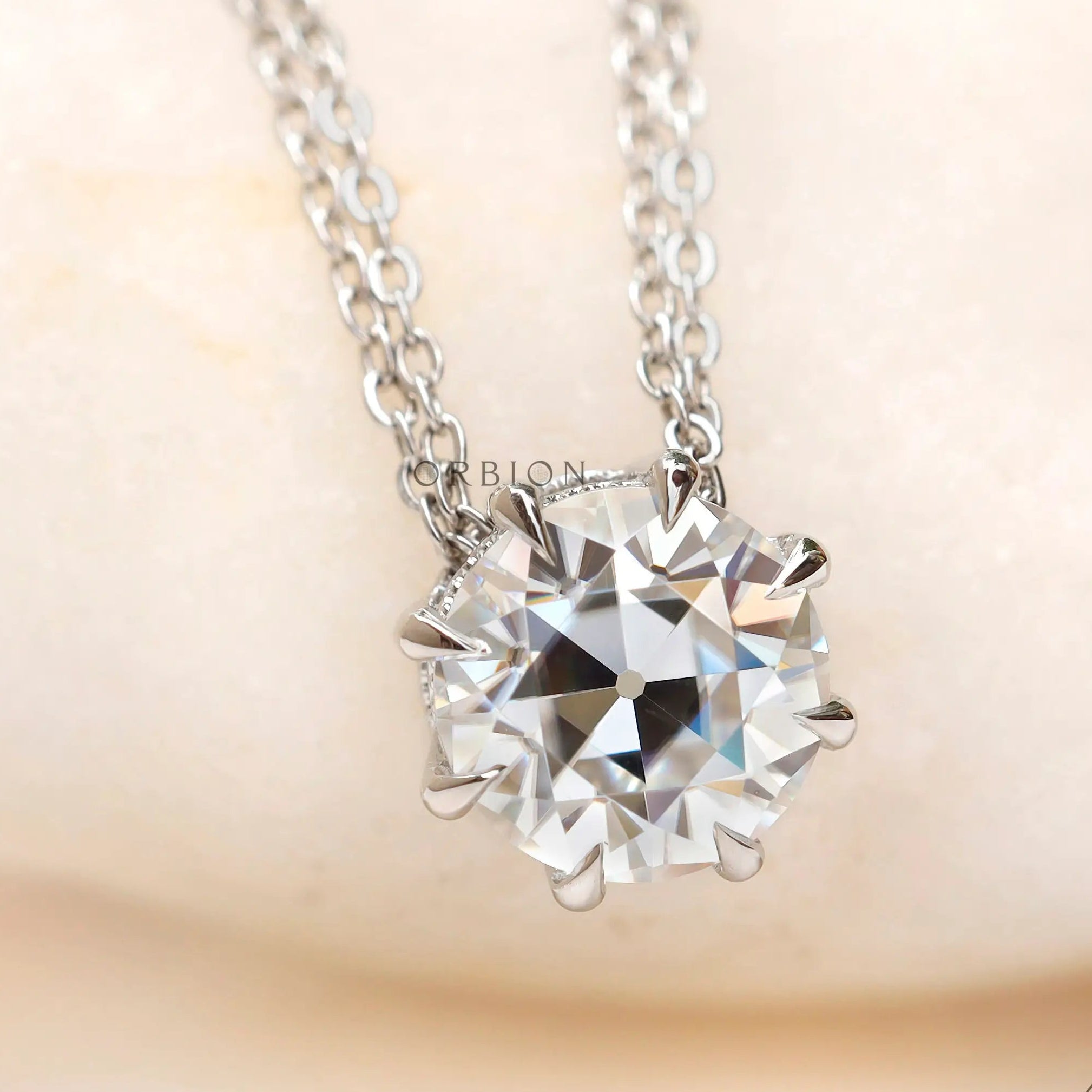 Antique style round old european cut moissanite pendant in 10K white gold