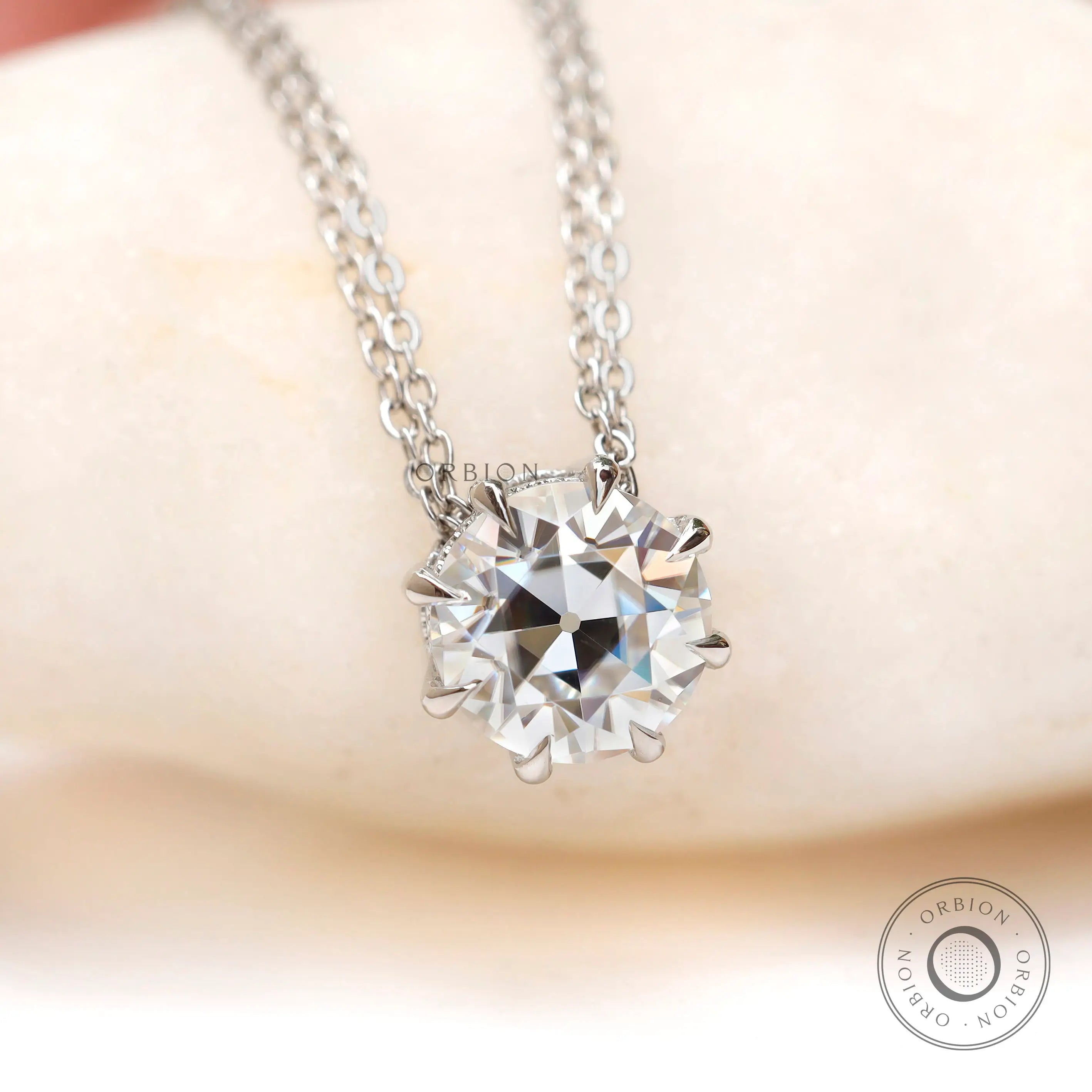 Antique style round old european cut moissanite pendant in 10K white gold