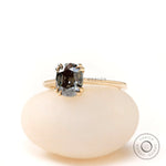 Yellow gold solitaire ring with dark grey moissanite close up