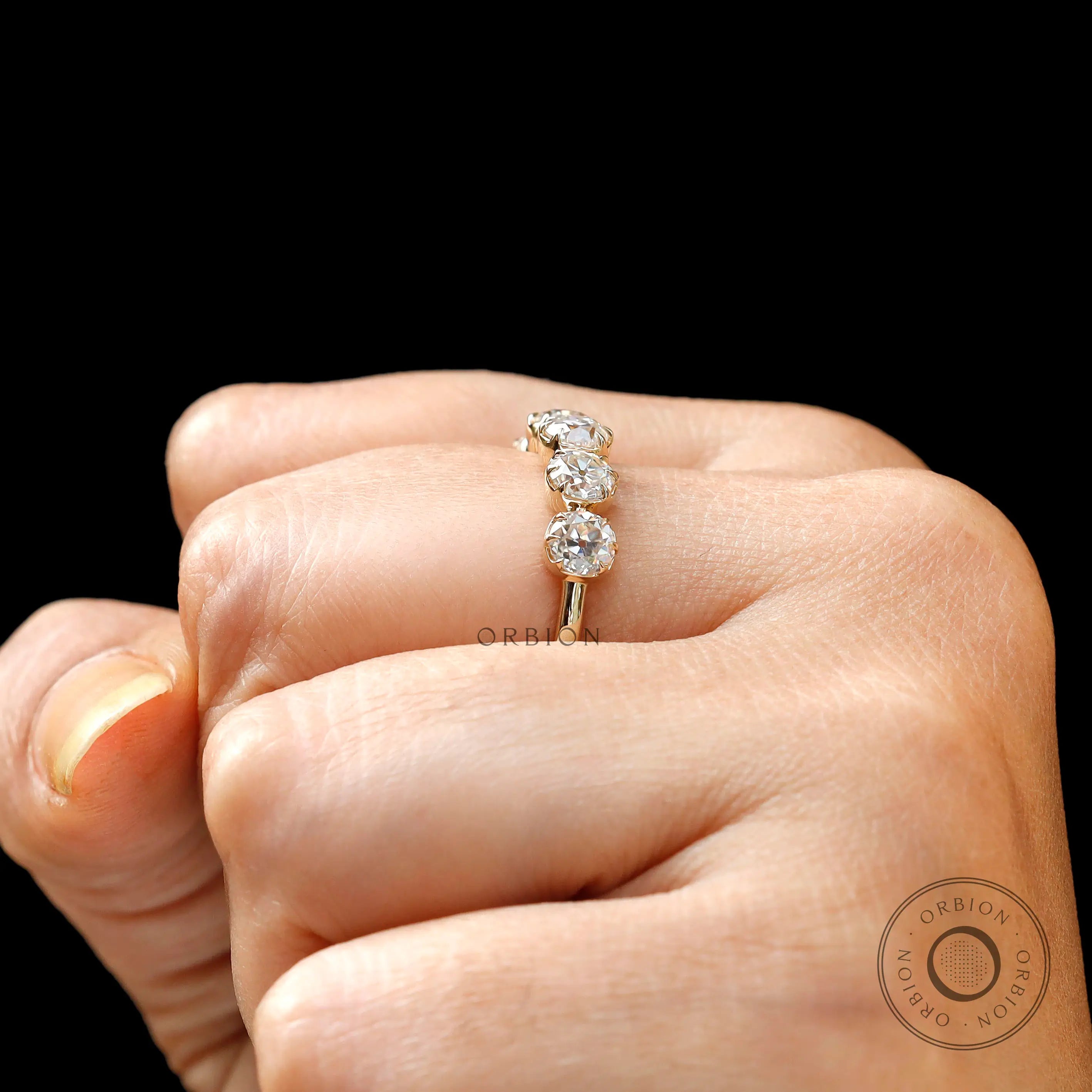 Close up of round old european cut moissanite