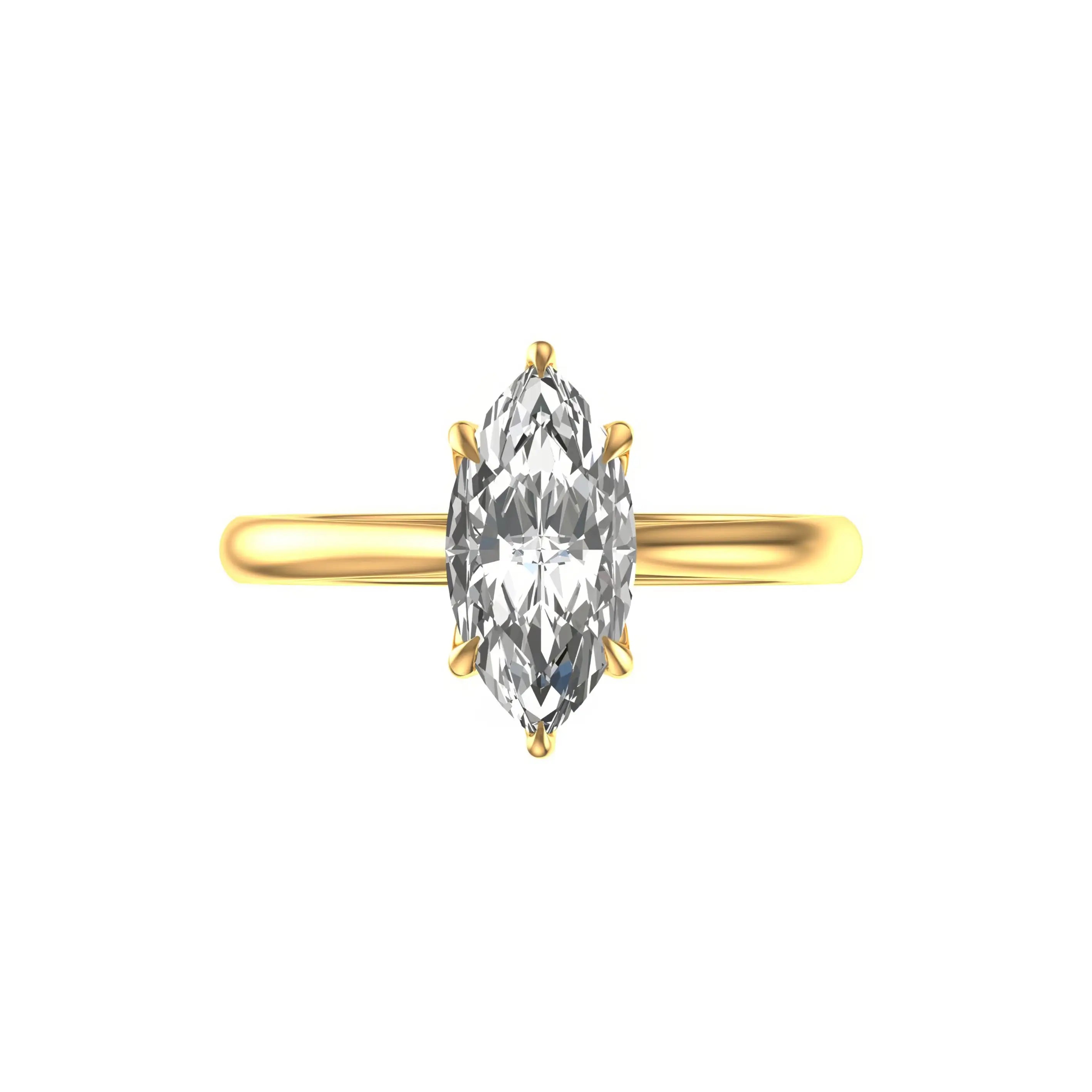 Top view marquise cut moissanite solitaire ring in 10k yellow gold