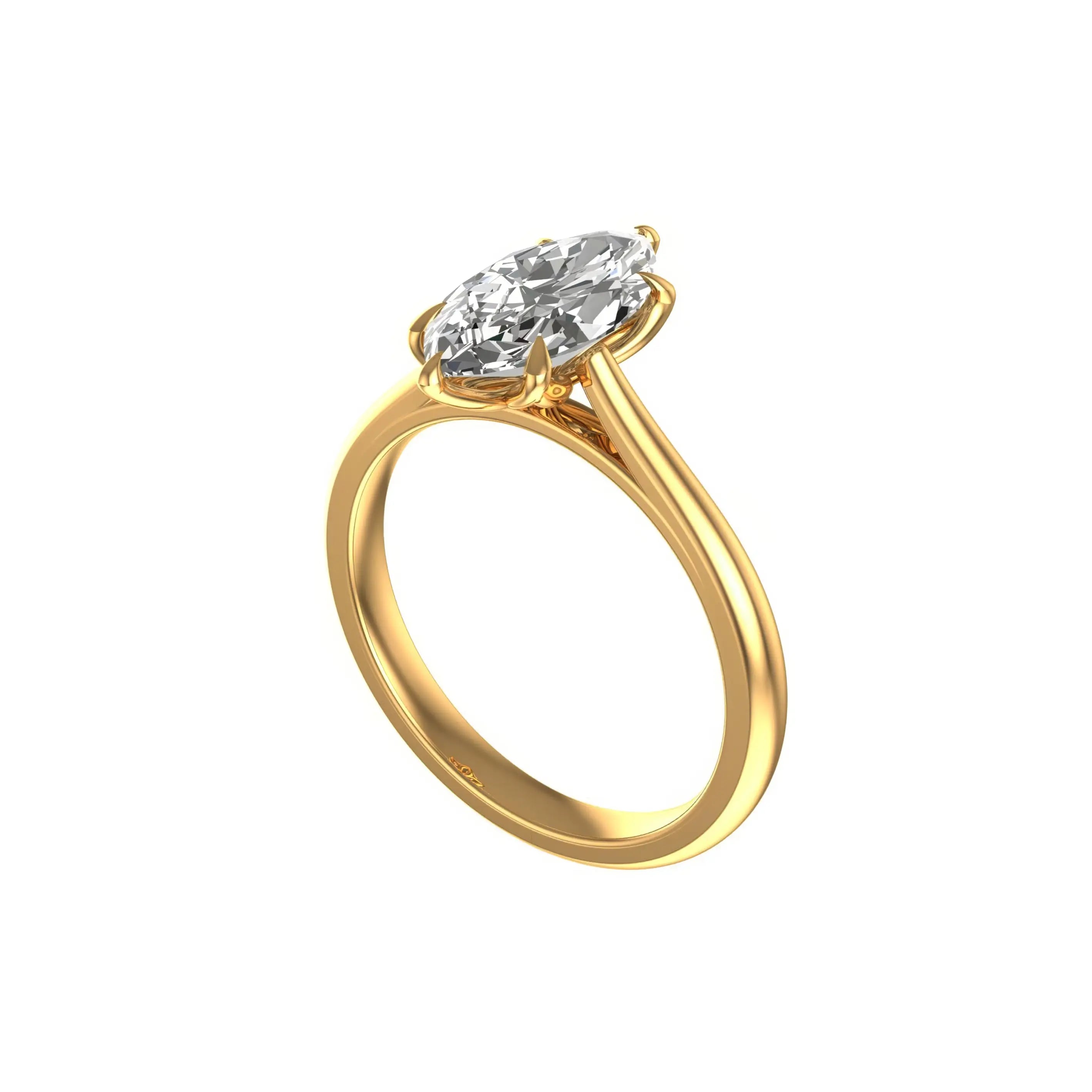 Side angle view of tulip set marquise moissanite cathedral shank ring