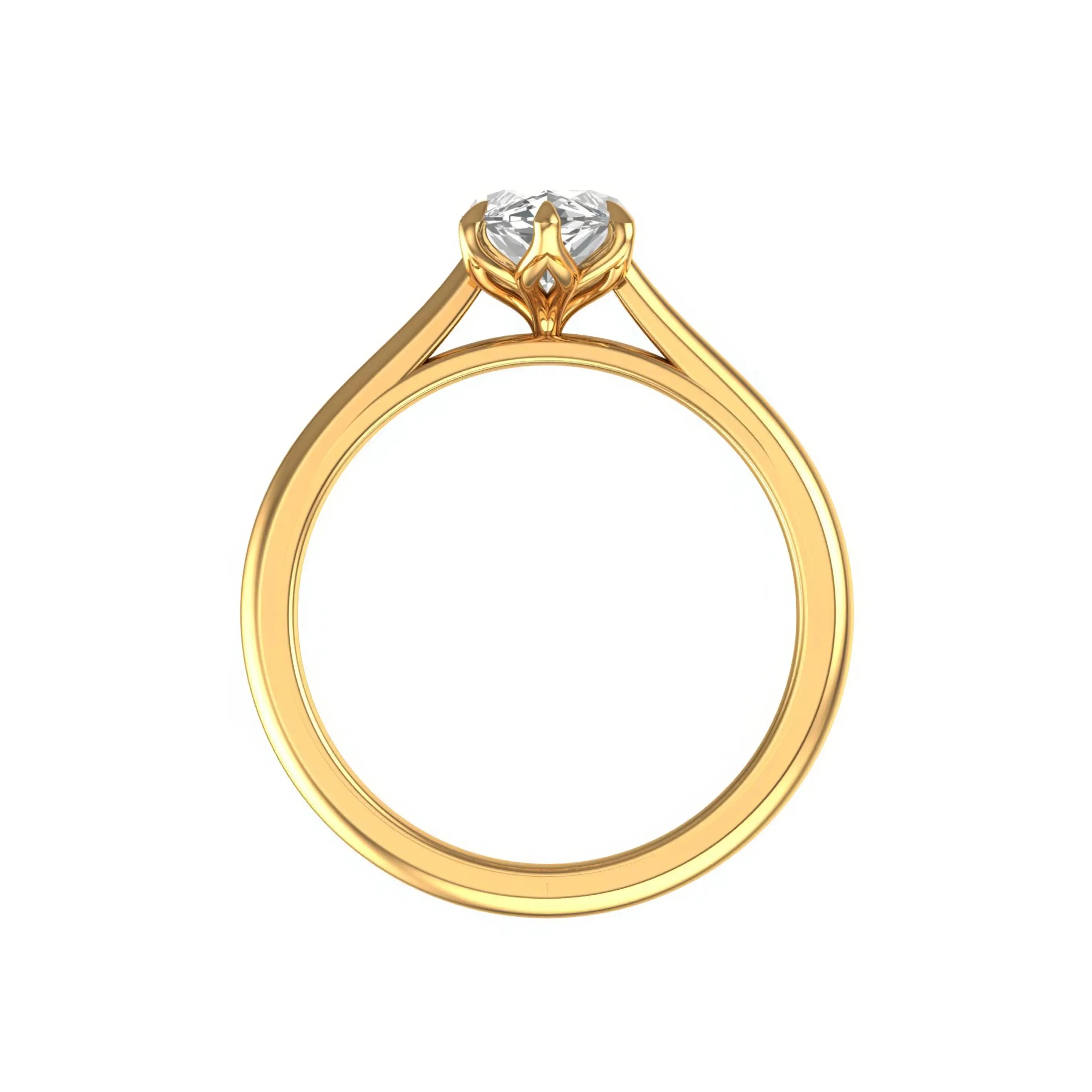 Front view marquise moissanite solitaire with cathedral shoulders in yellow gold