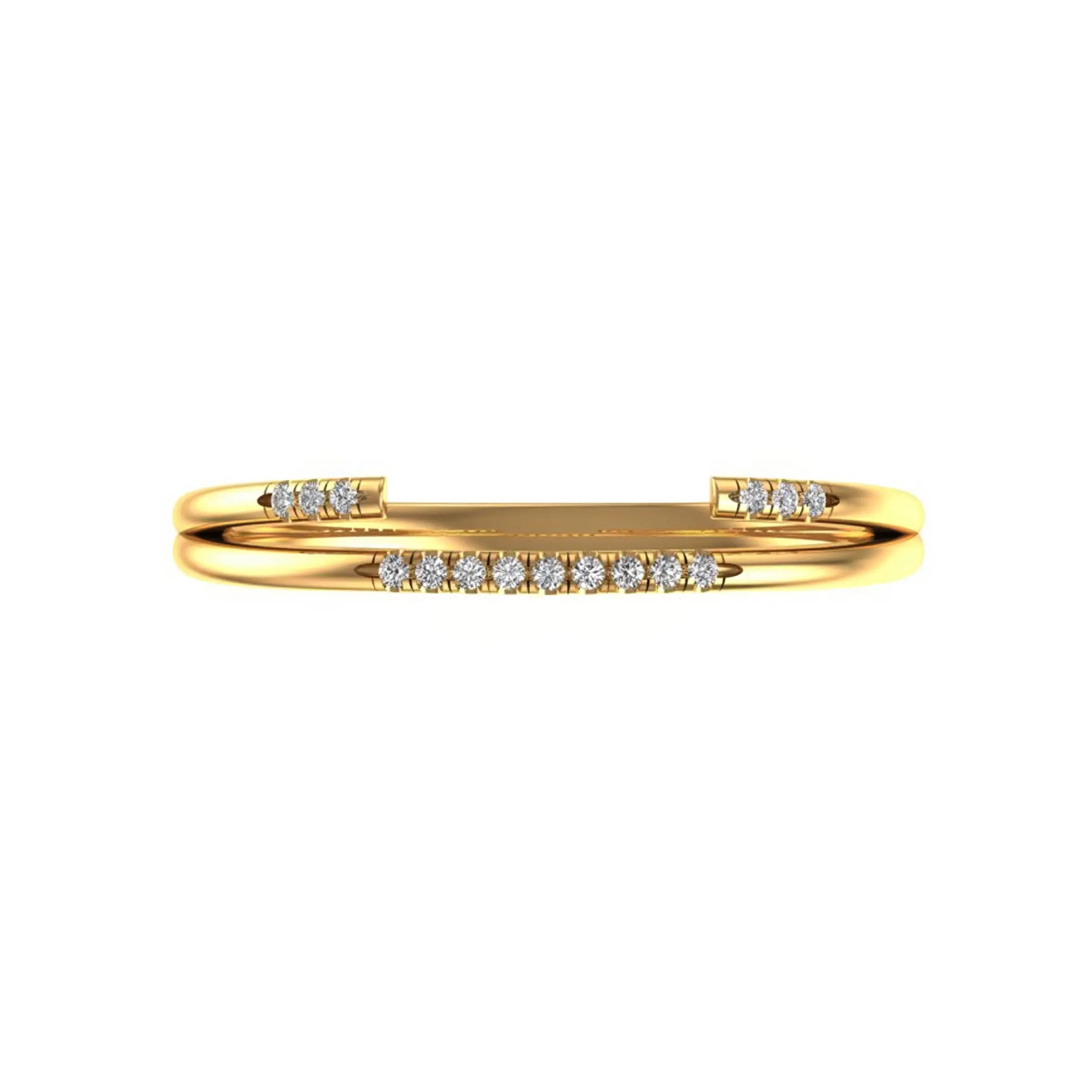 Top view open cuff pave thin stacking wedding band in yellow gold.