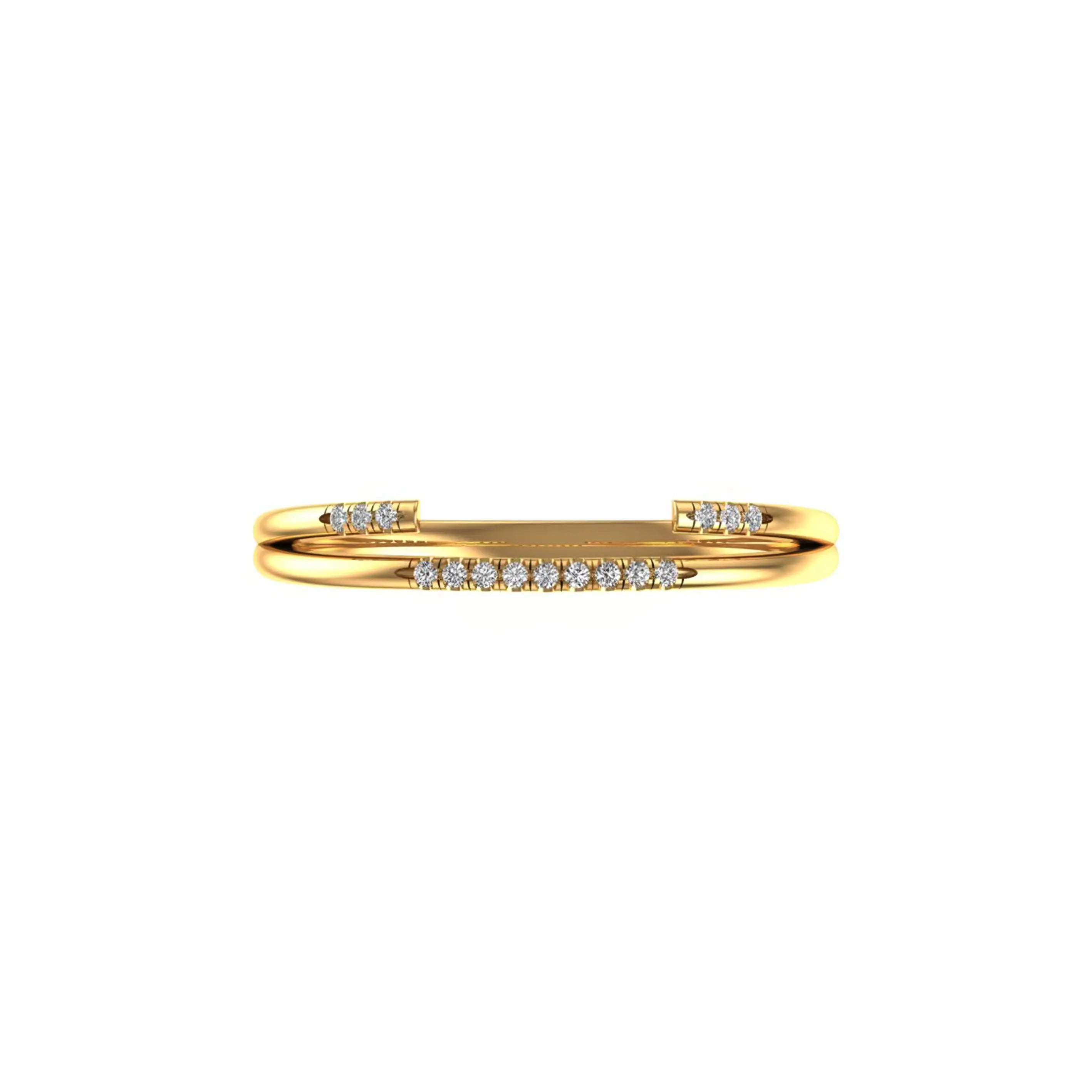 Top view open cuff pave thin stacking wedding band in yellow gold.