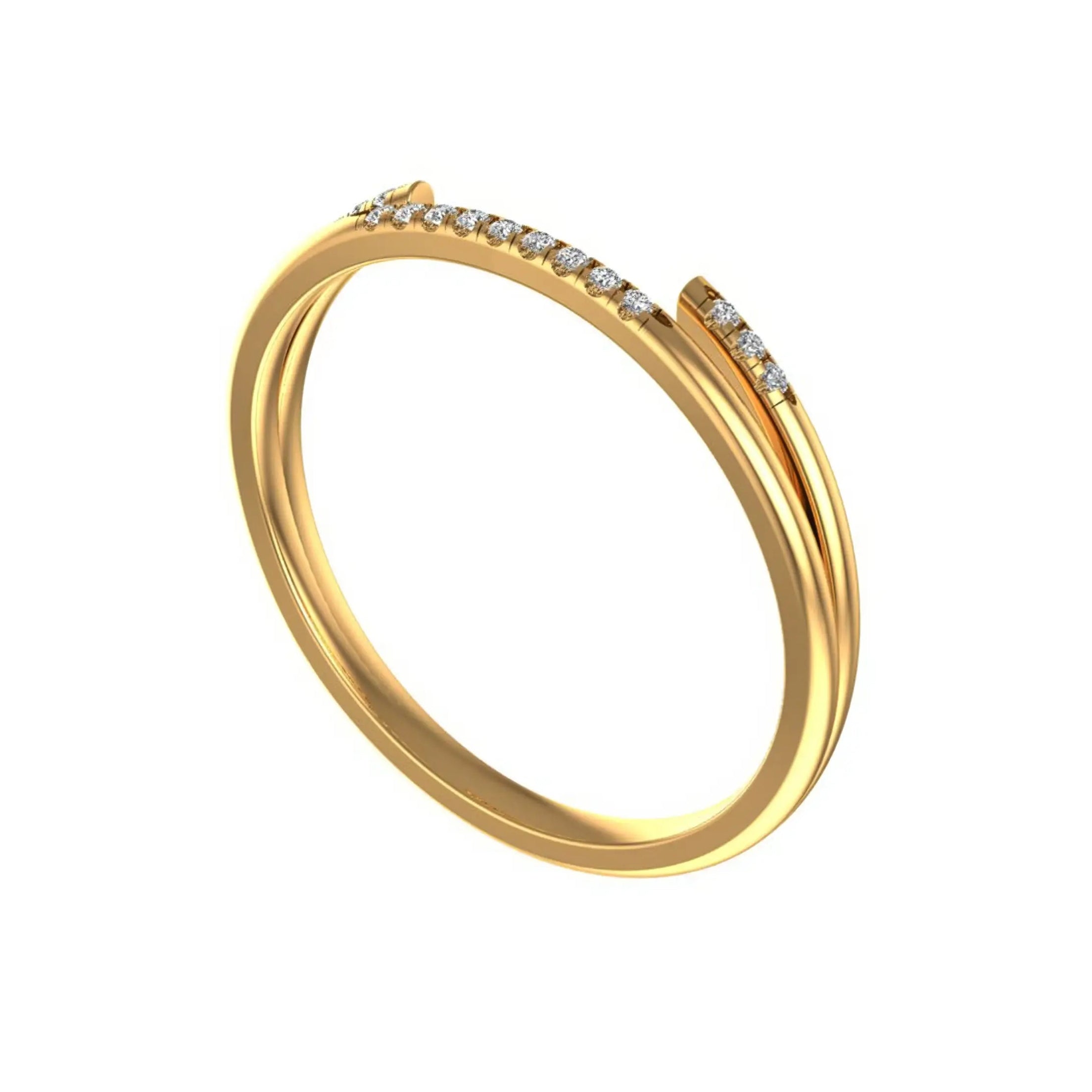 Angled three-quarter view delicate yellow gold pave stacking band.