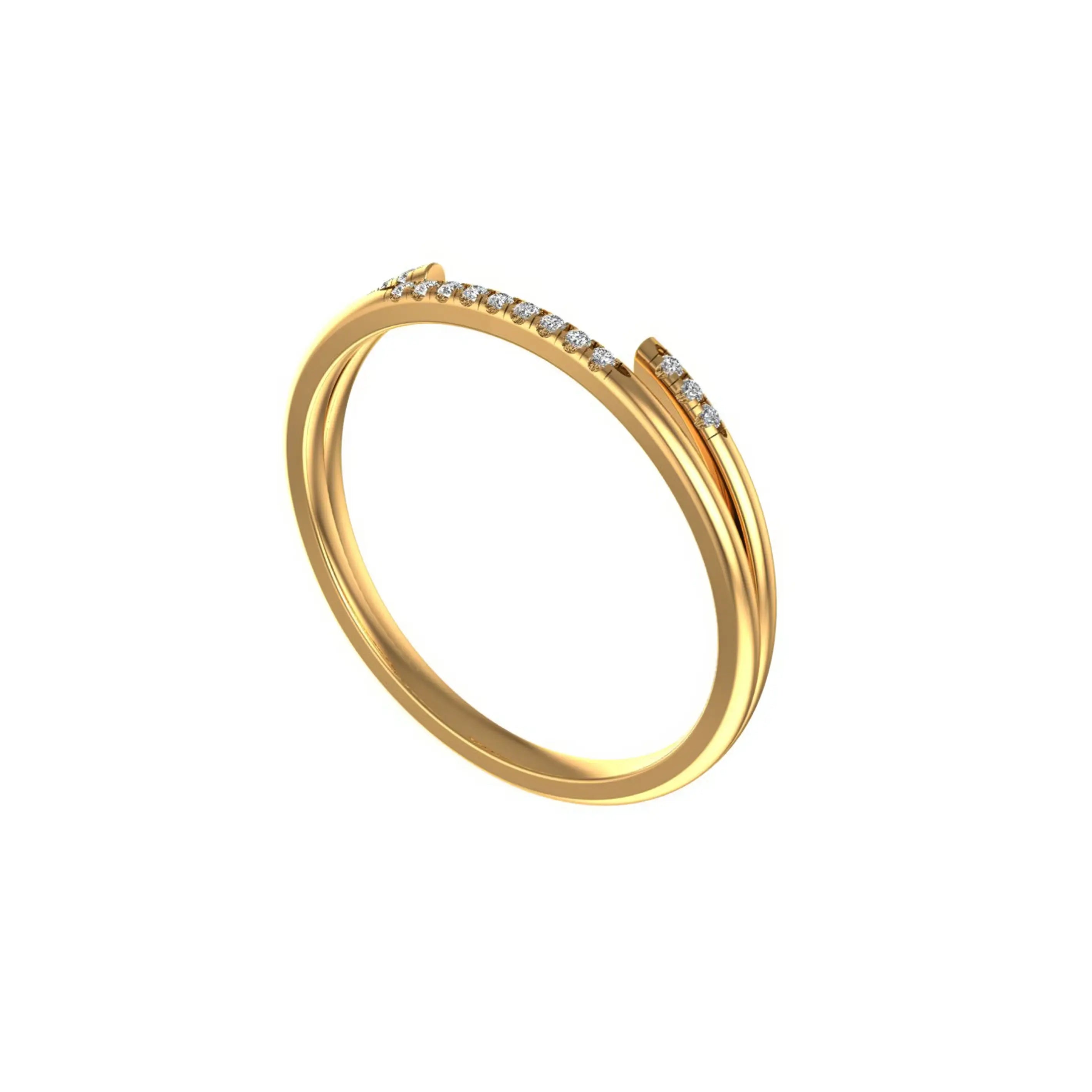 Angled three-quarter view delicate yellow gold pave stacking band.