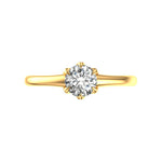 Top view round solitaire ring in yellow gold with petal prongs.