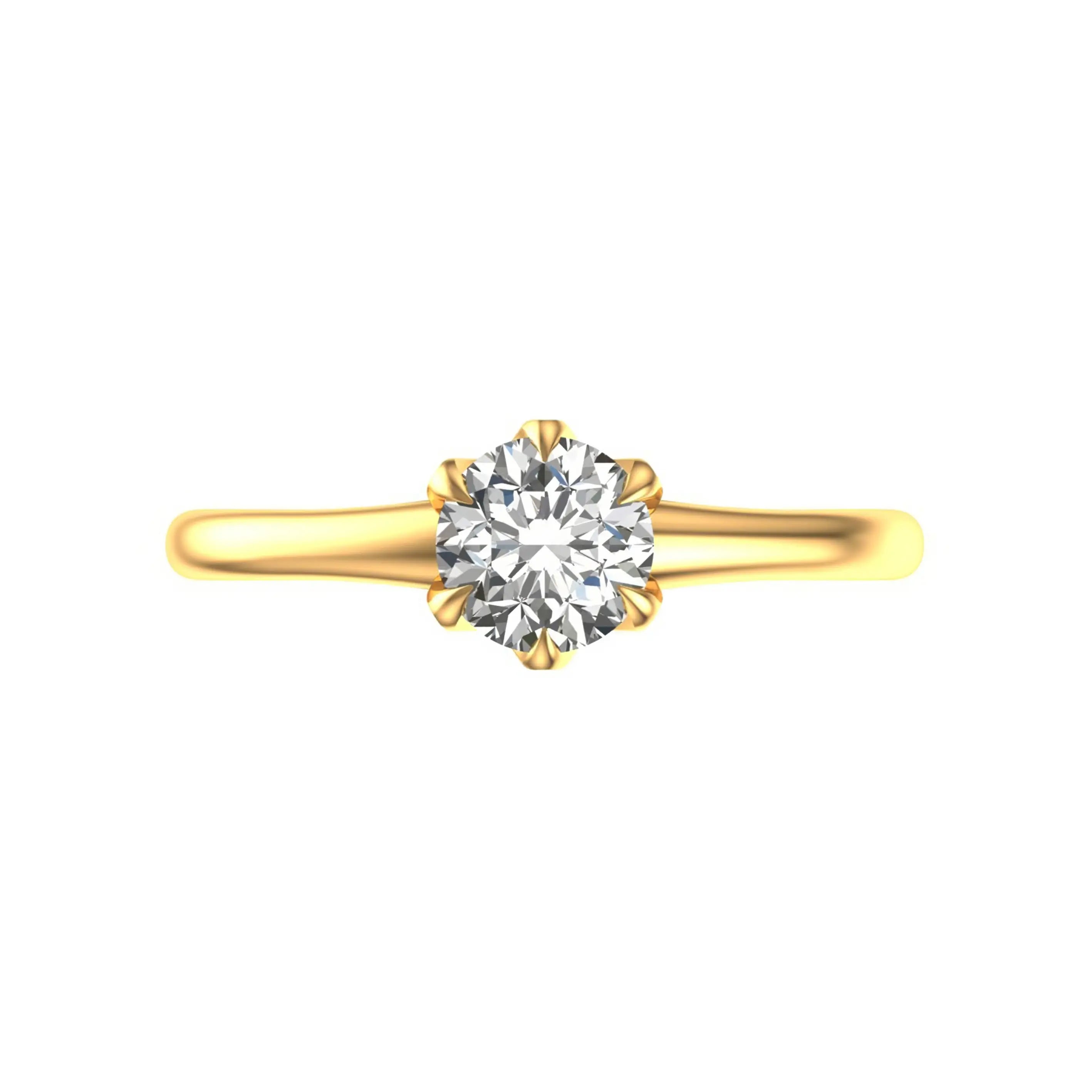 Top view round solitaire ring in yellow gold with petal prongs.