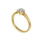 Three-quarter angled view vintage style solitaire with sculpted yellow gold shoulders.