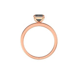 Profile back view of minimalist rose gold band with elevated basket setting.