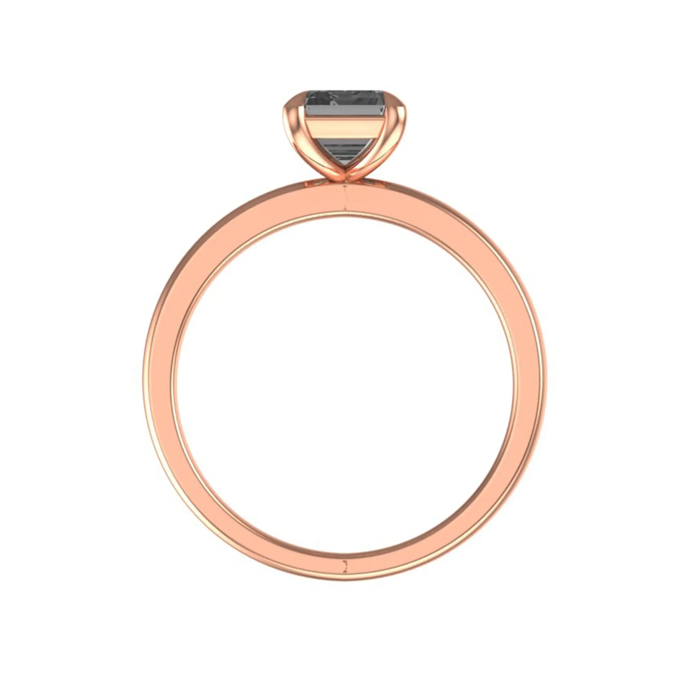 Profile back view of minimalist rose gold band with elevated basket setting.