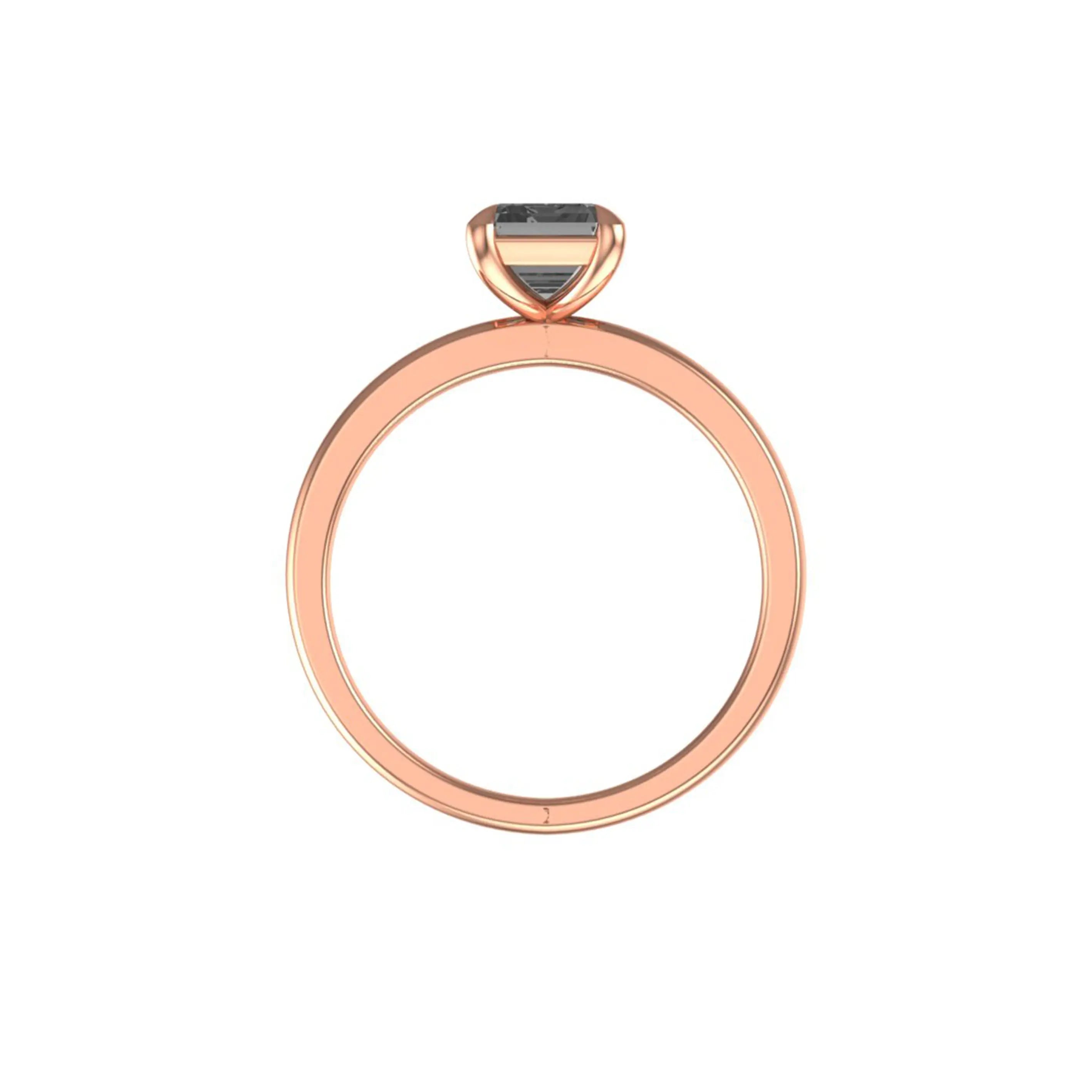 Profile back view of minimalist rose gold band with elevated basket setting.