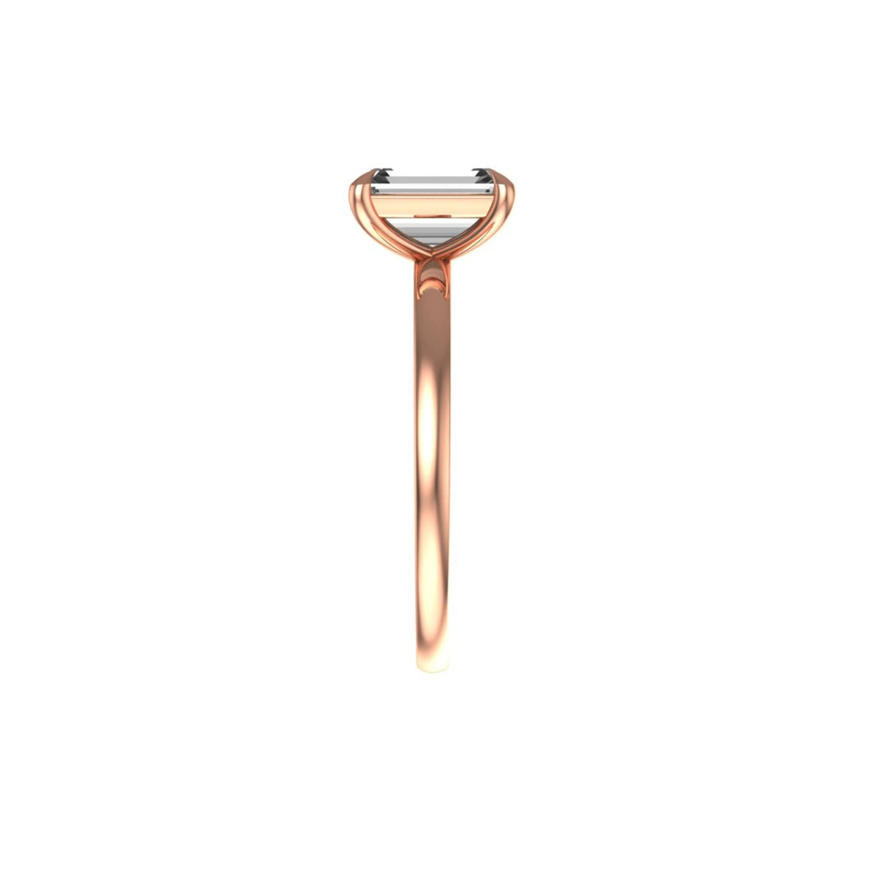 Side profile view of slim rose gold shank with open gallery solitaire setting.