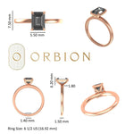 Size chart view, measurements for rose gold solitaire ring and band width.