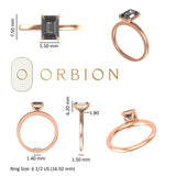 Size chart view, measurements for rose gold solitaire ring and band width.