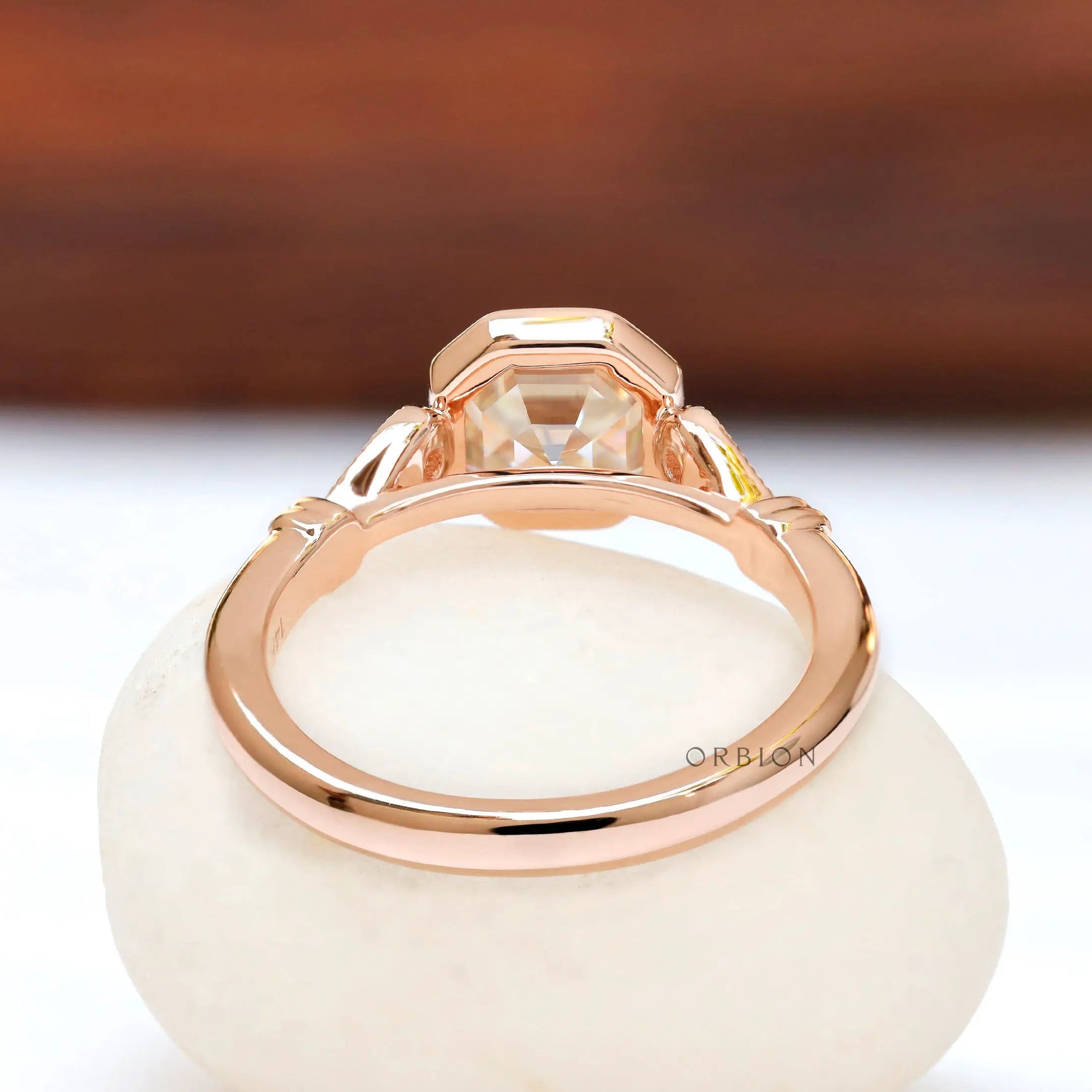 Back view of bezel setting with Asscher cut moissanite ring