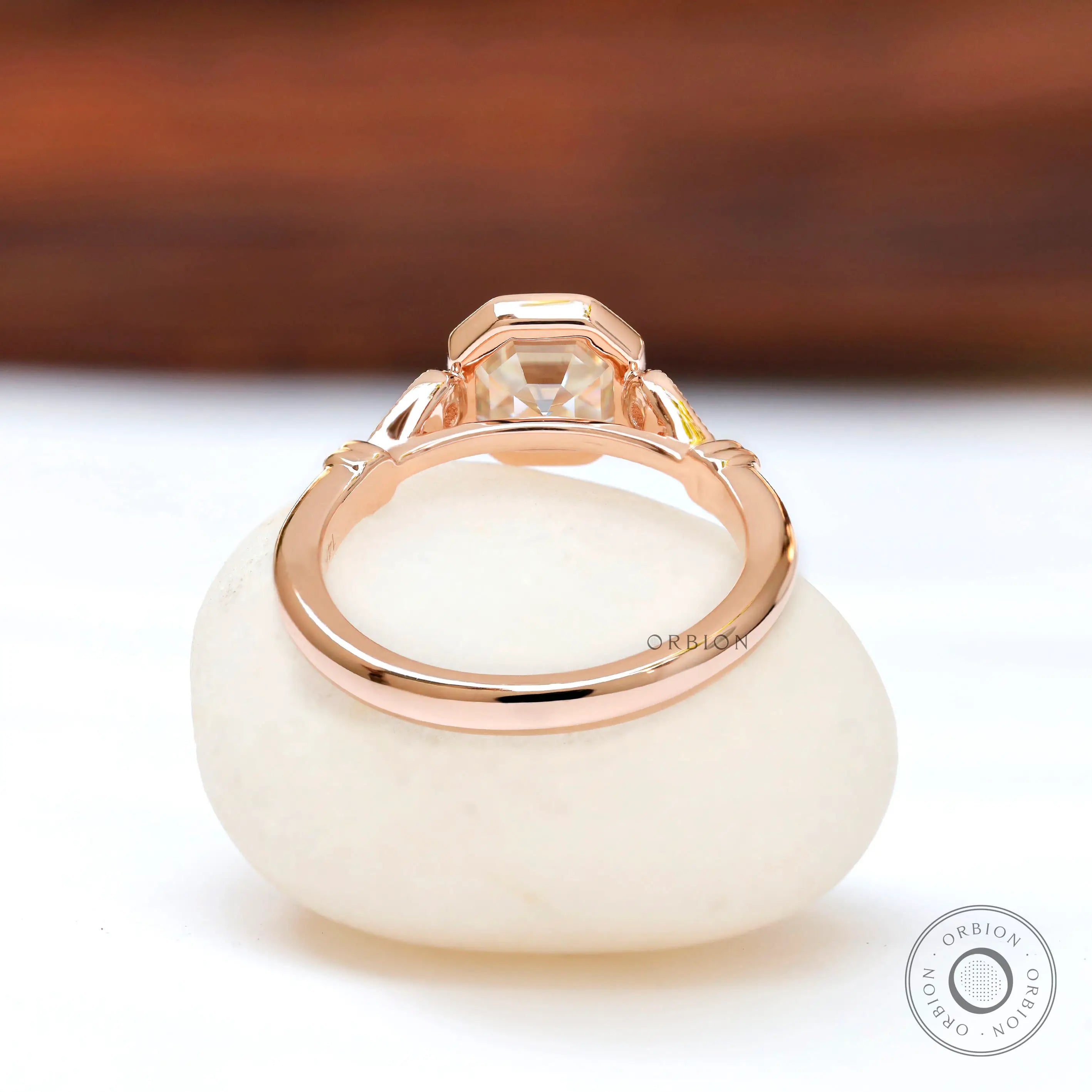 Back view of bezel setting with Asscher cut moissanite ring
