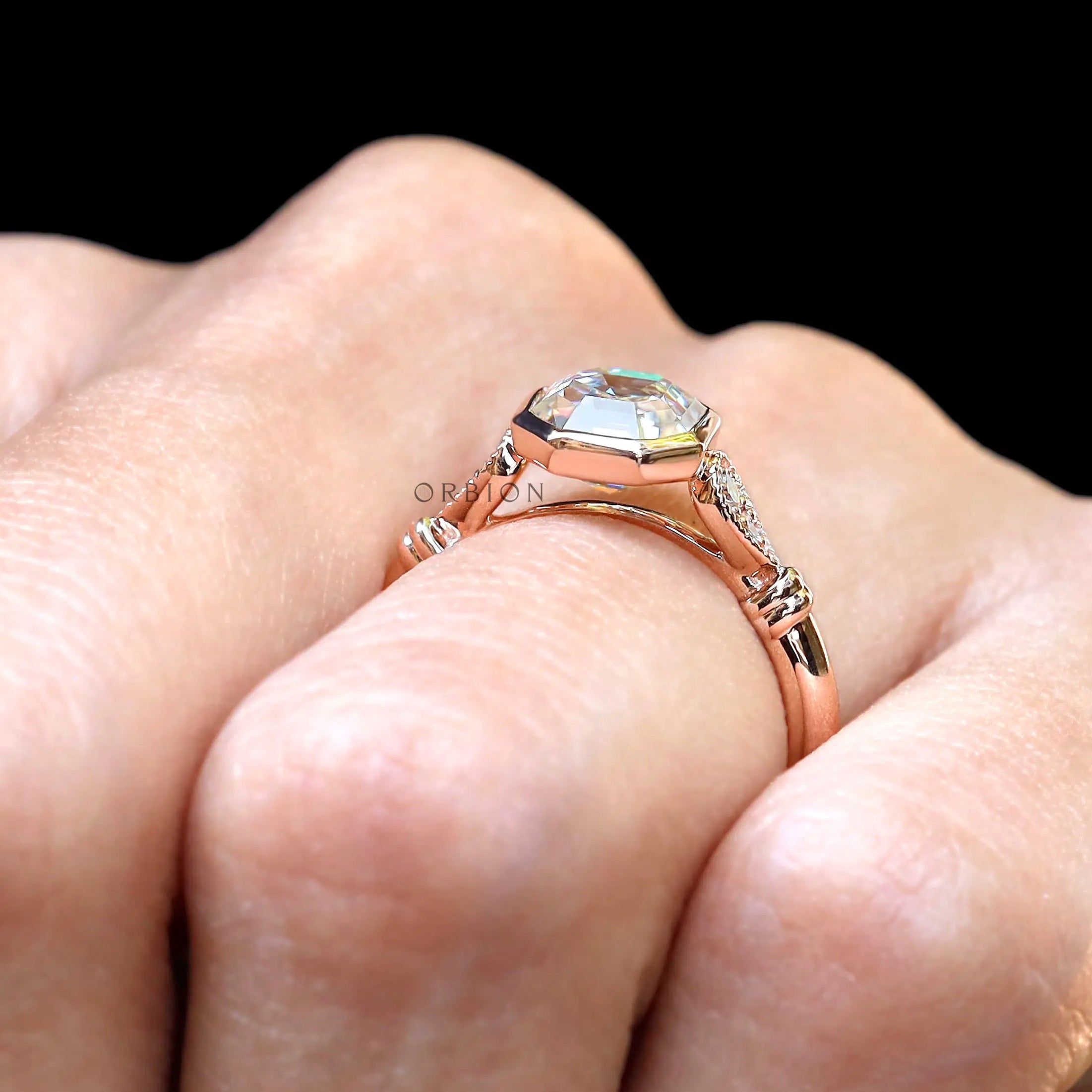 Top view of Octavia Asscher Cut Moissanite Ring in rose gold