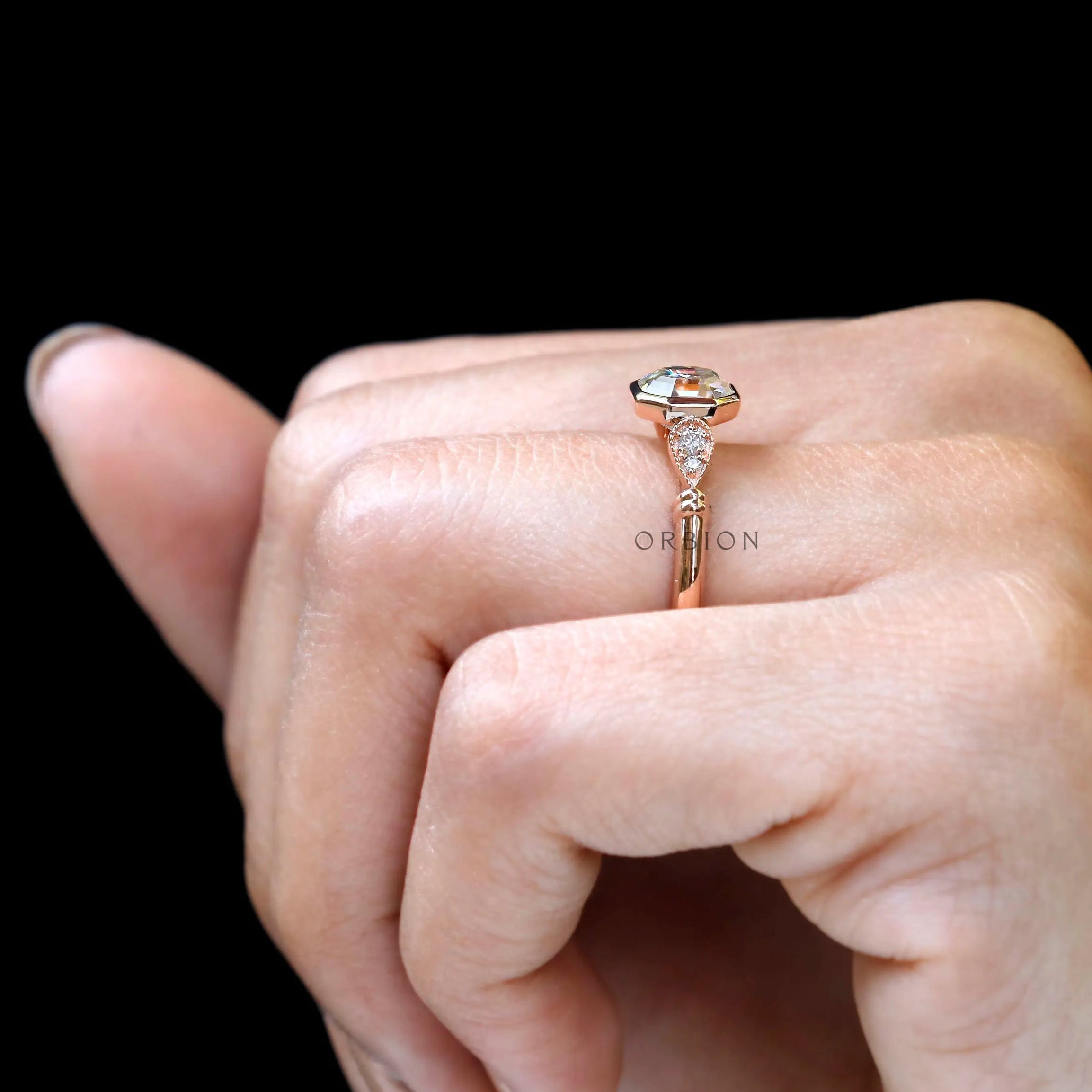 Worn view of Octavia Asscher Cut Moissanite Cathedral Ring