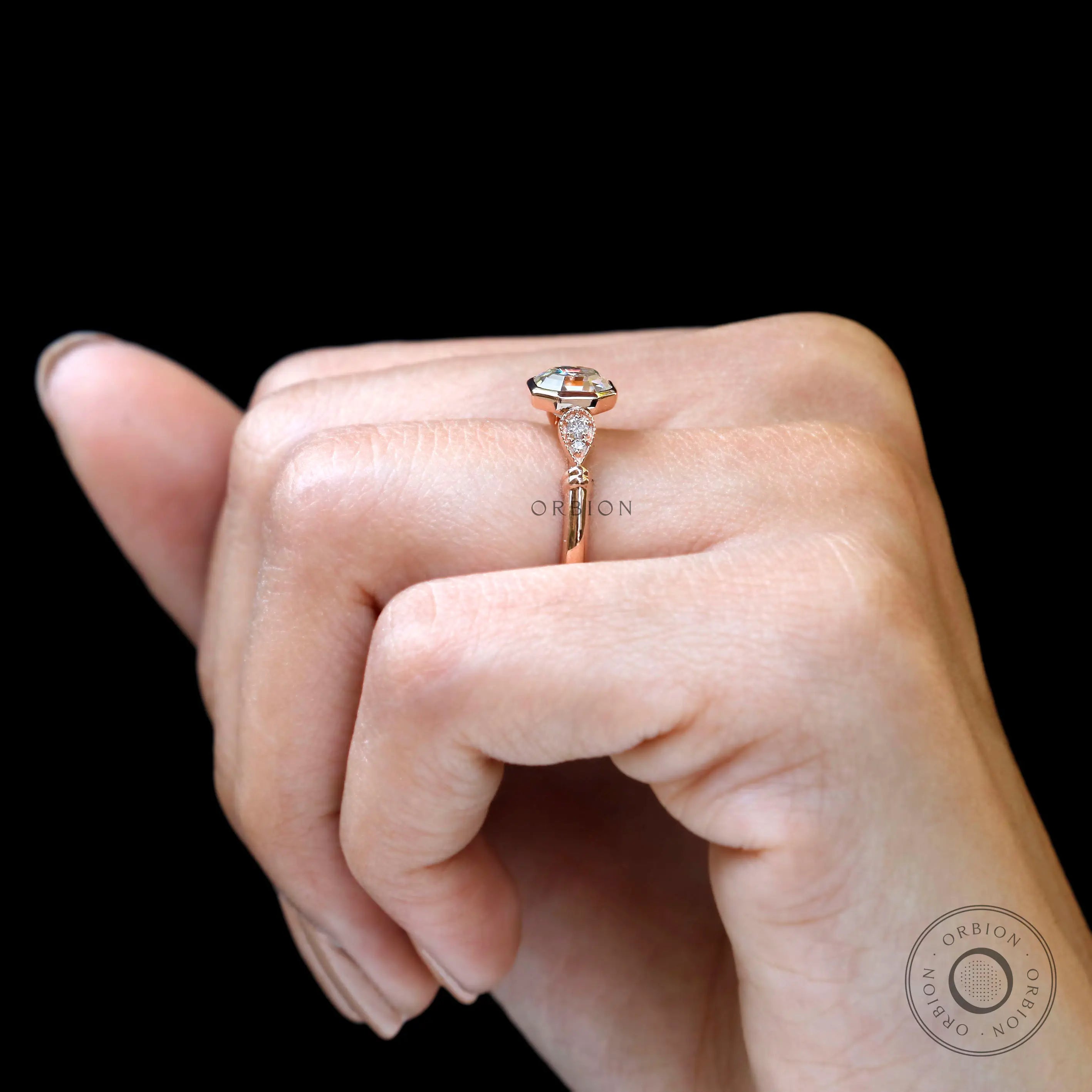 Worn view of Octavia Asscher Cut Moissanite Cathedral Ring