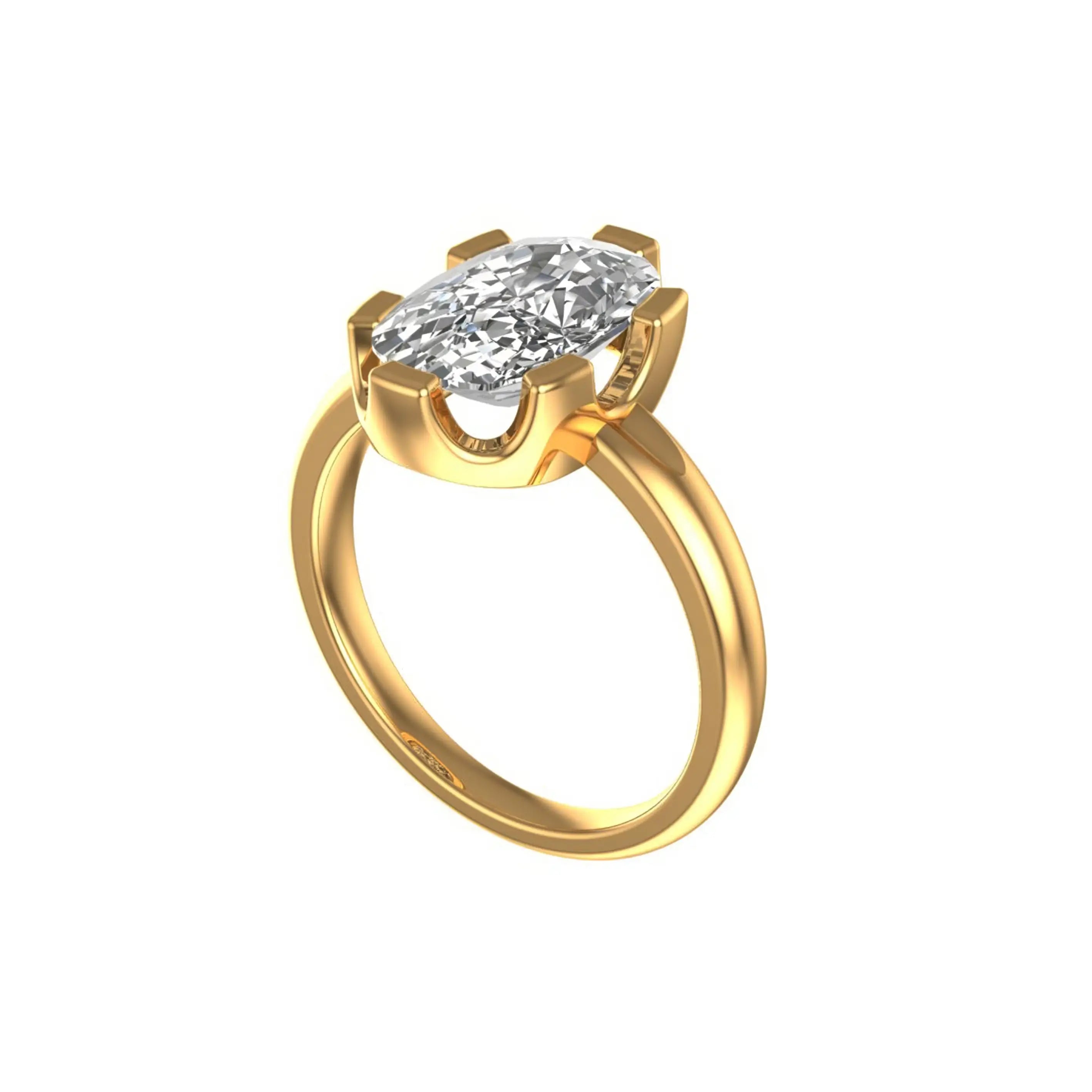 Three quarter angle view of elongated cushion solitaire engagement ring