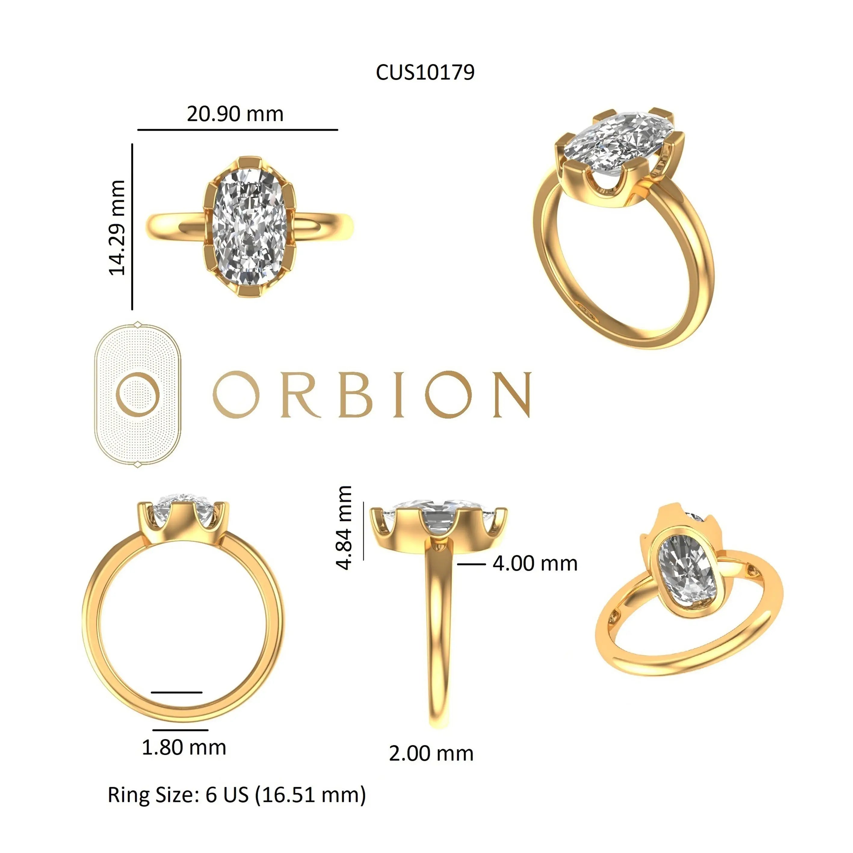 Dimension layout showing ring size six and setting measurements