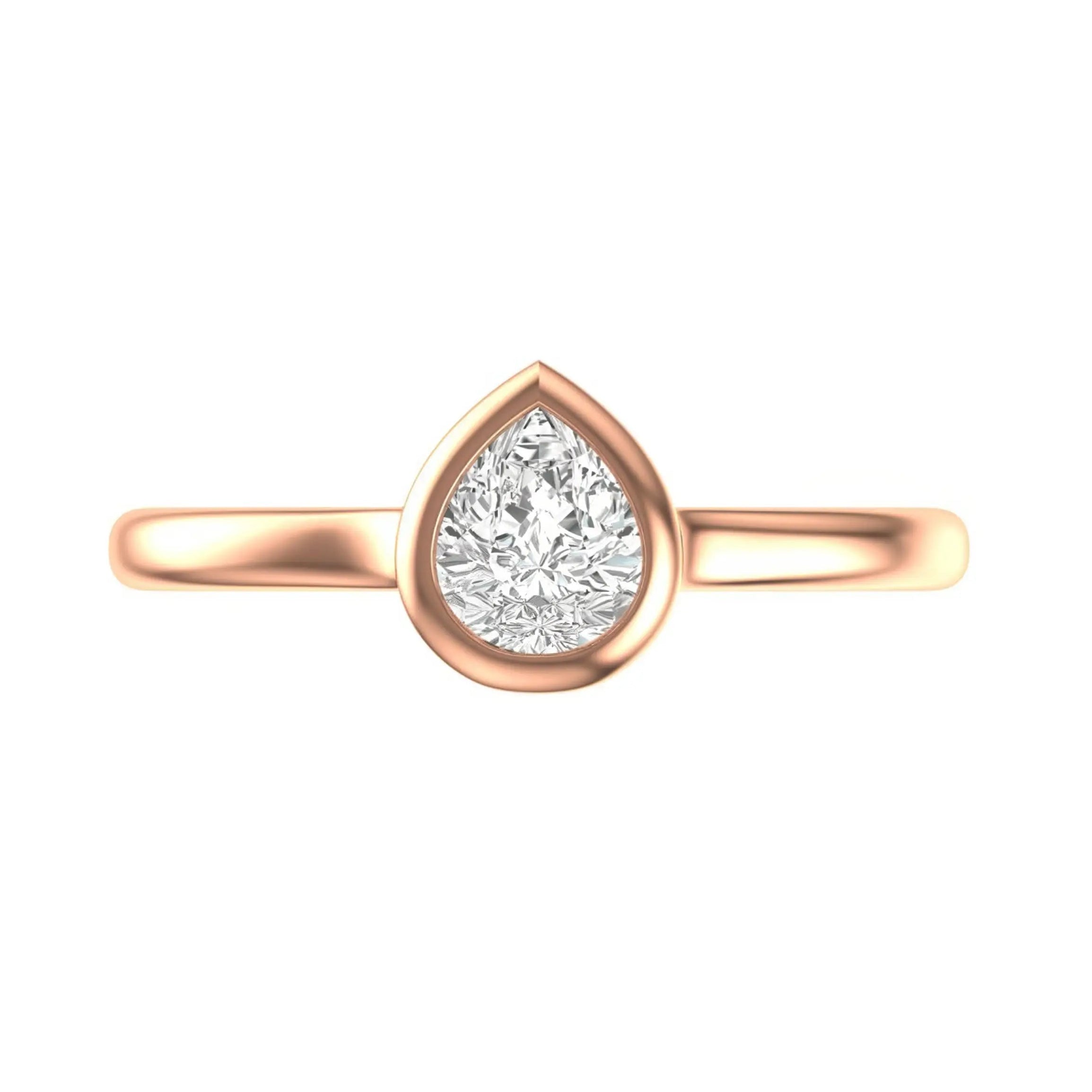 Pear bezel solitaire engagement ring in  rose gold, front view.