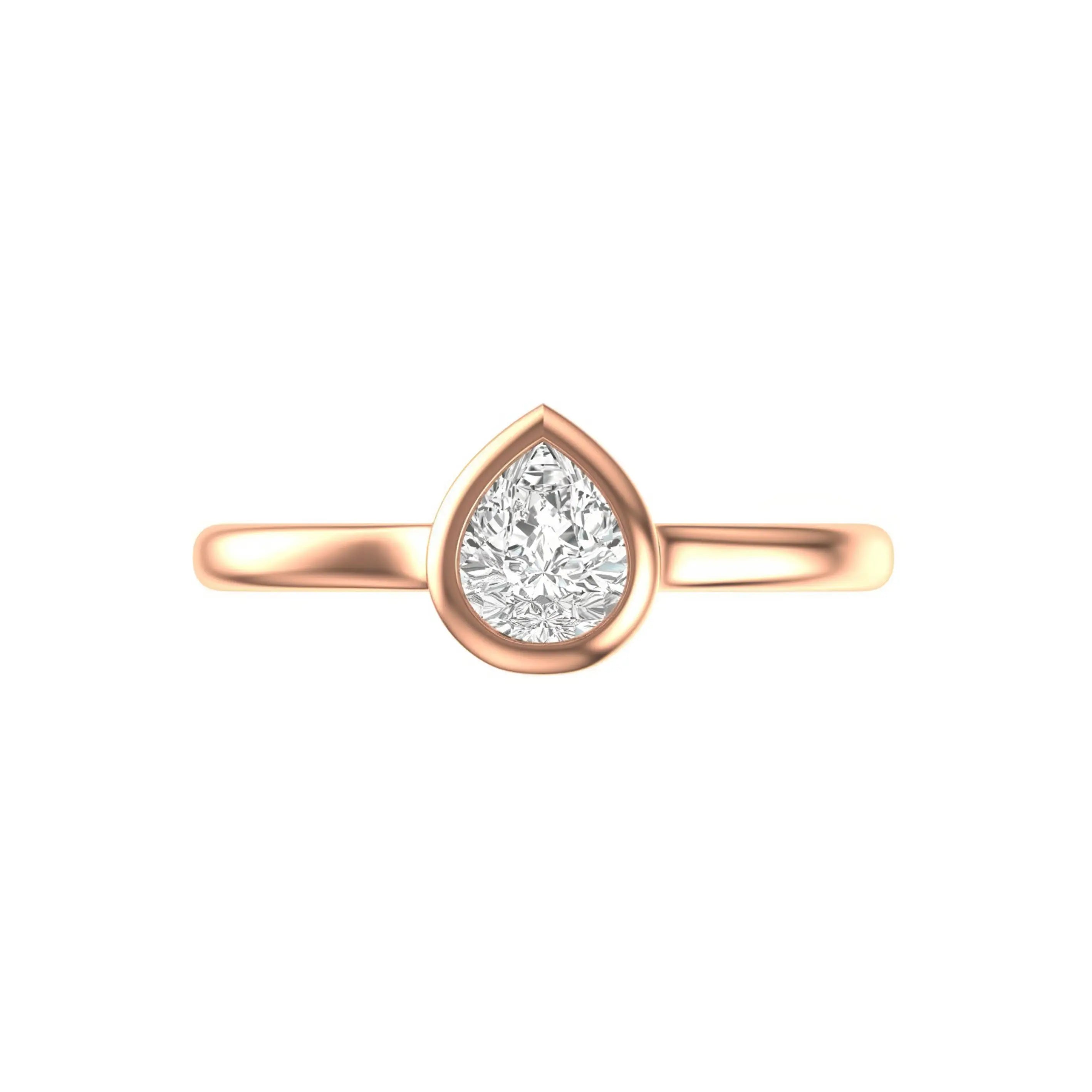 Pear bezel solitaire engagement ring in  rose gold, front view.
