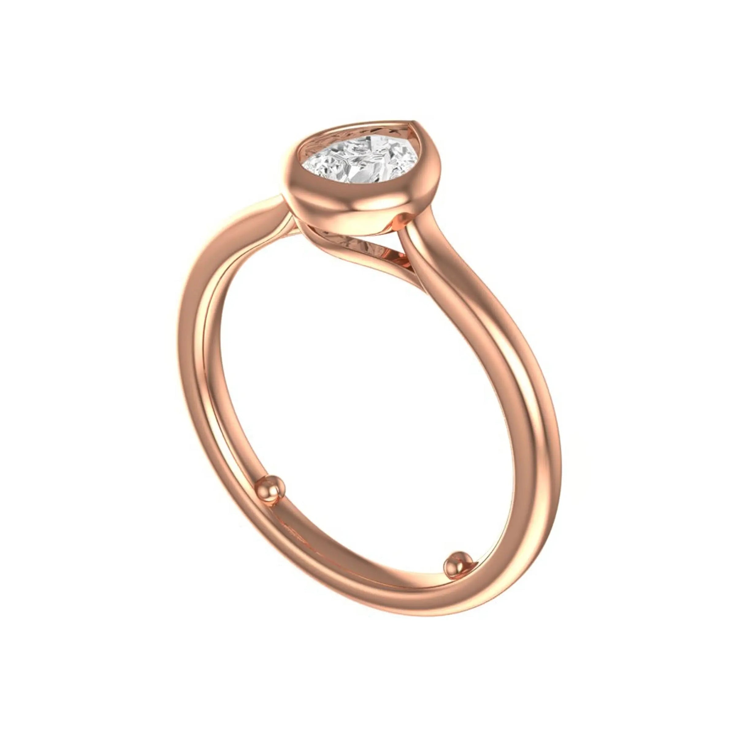 Angled view highlighting cathedral shoulders and pear bezel setting.