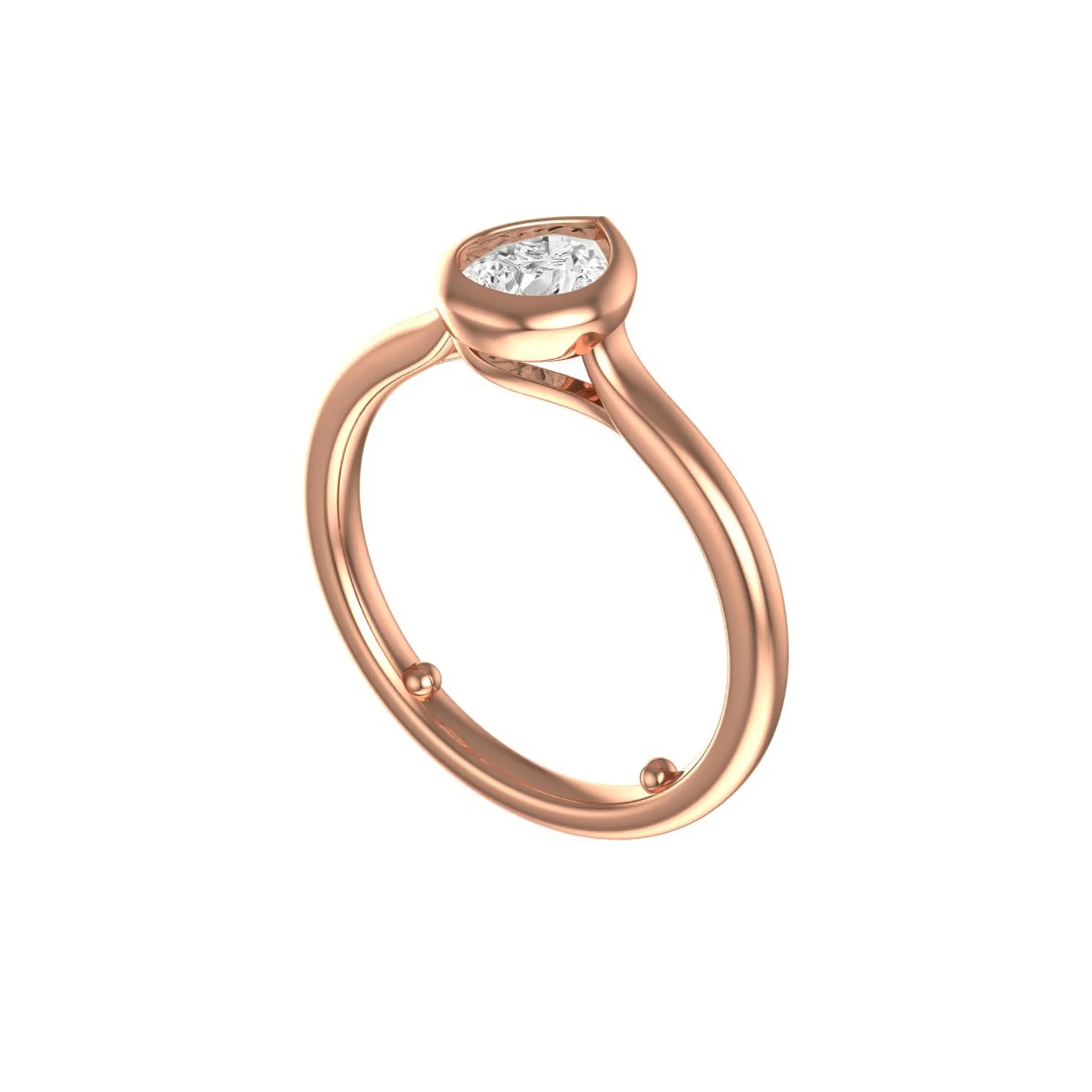 Angled view highlighting cathedral shoulders and pear bezel setting.